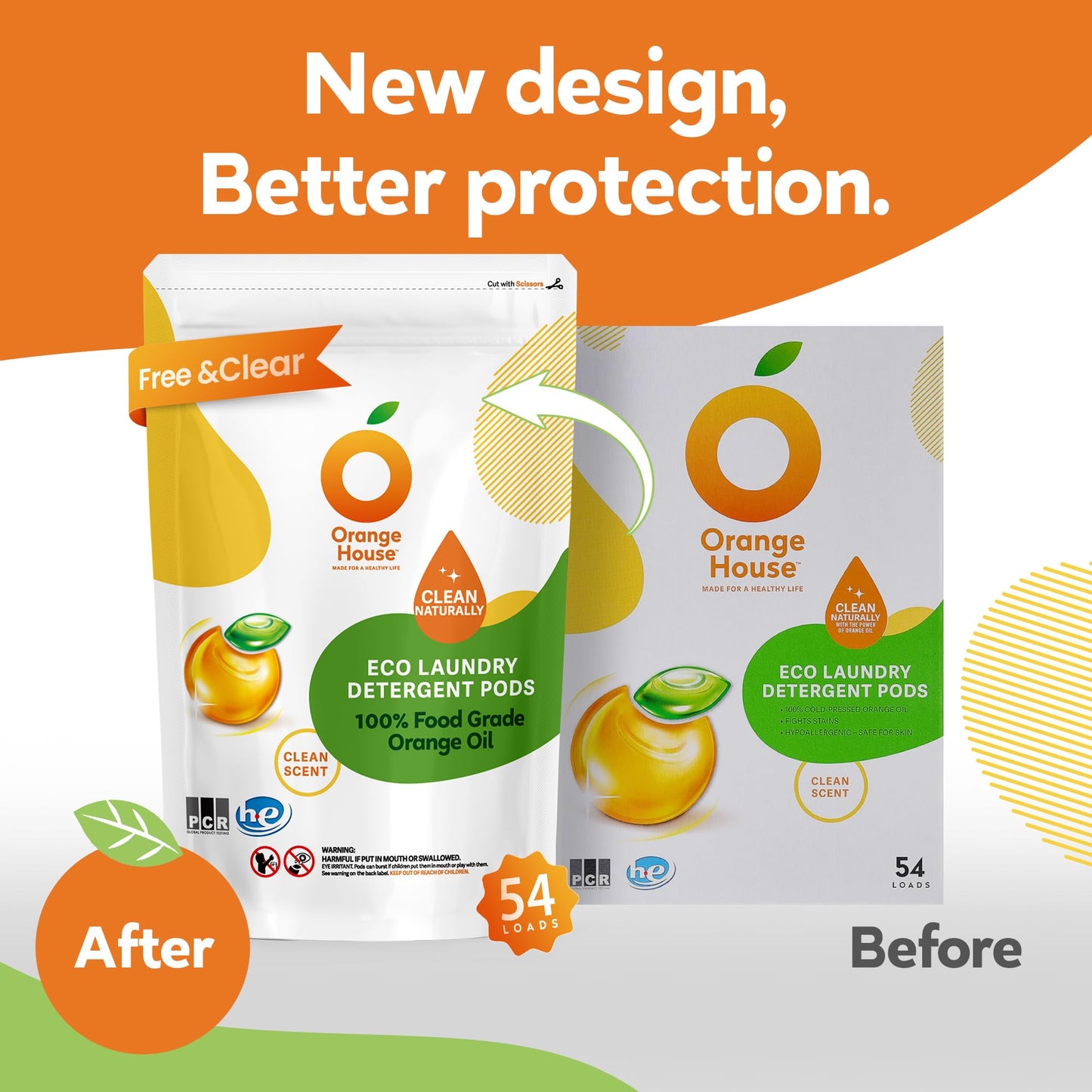 ORANGE HOUSE Laundry Detergent Pods, Natural Plant-Based Detergent with Orange Oil?Hypoallergenic, Child-Resistant Pouch, Free & Clean, Scent-Free, HE
