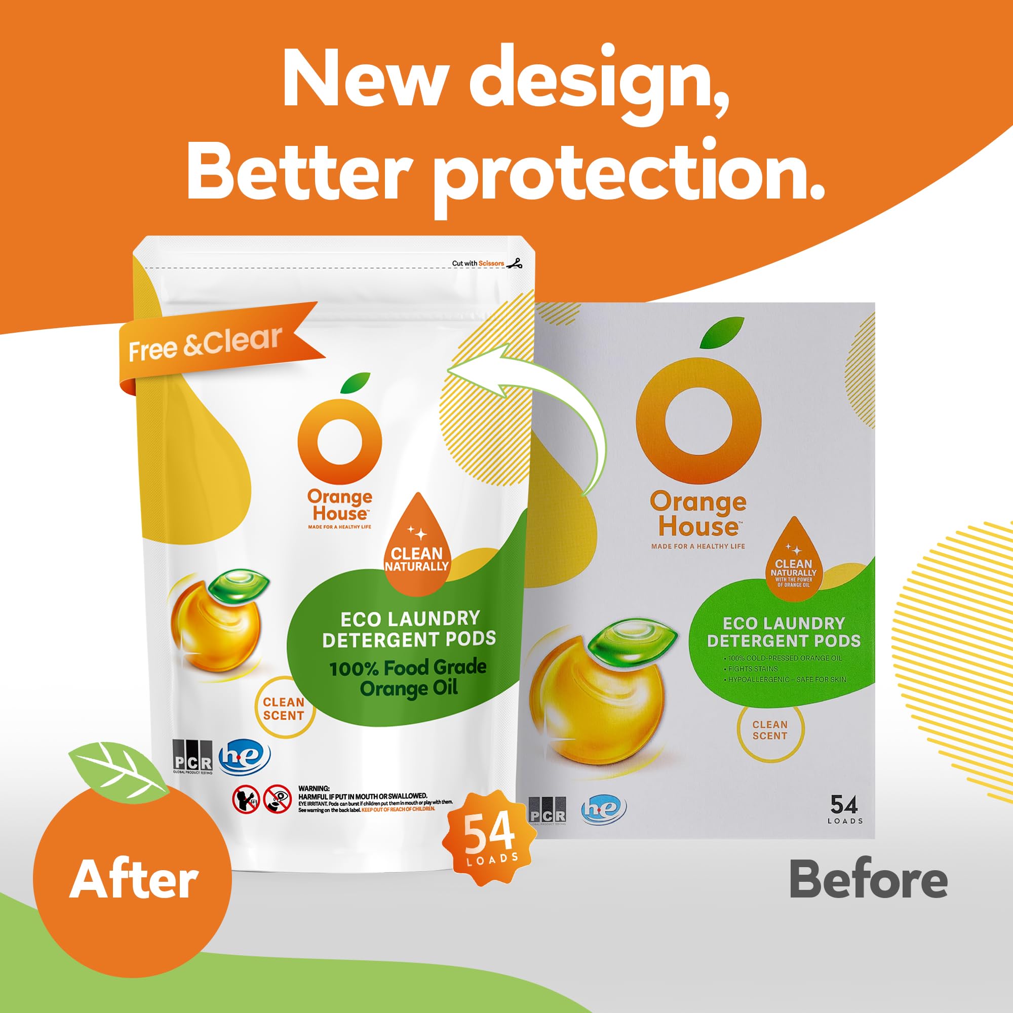 ORANGE HOUSE Laundry Detergent Pods, Natural Plant-Based Detergent with Orange Oil?Hypoallergenic, Child-Resistant Pouch, Free & Clean, Scent-Free, HE
