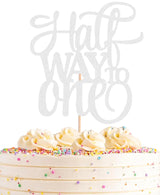 AHAORAY Half Way To One Cake Topper - Silver Glitter 6 Months Birthday Decorations Supplies - Half Birthday Decorations Baby Girl, for Baby