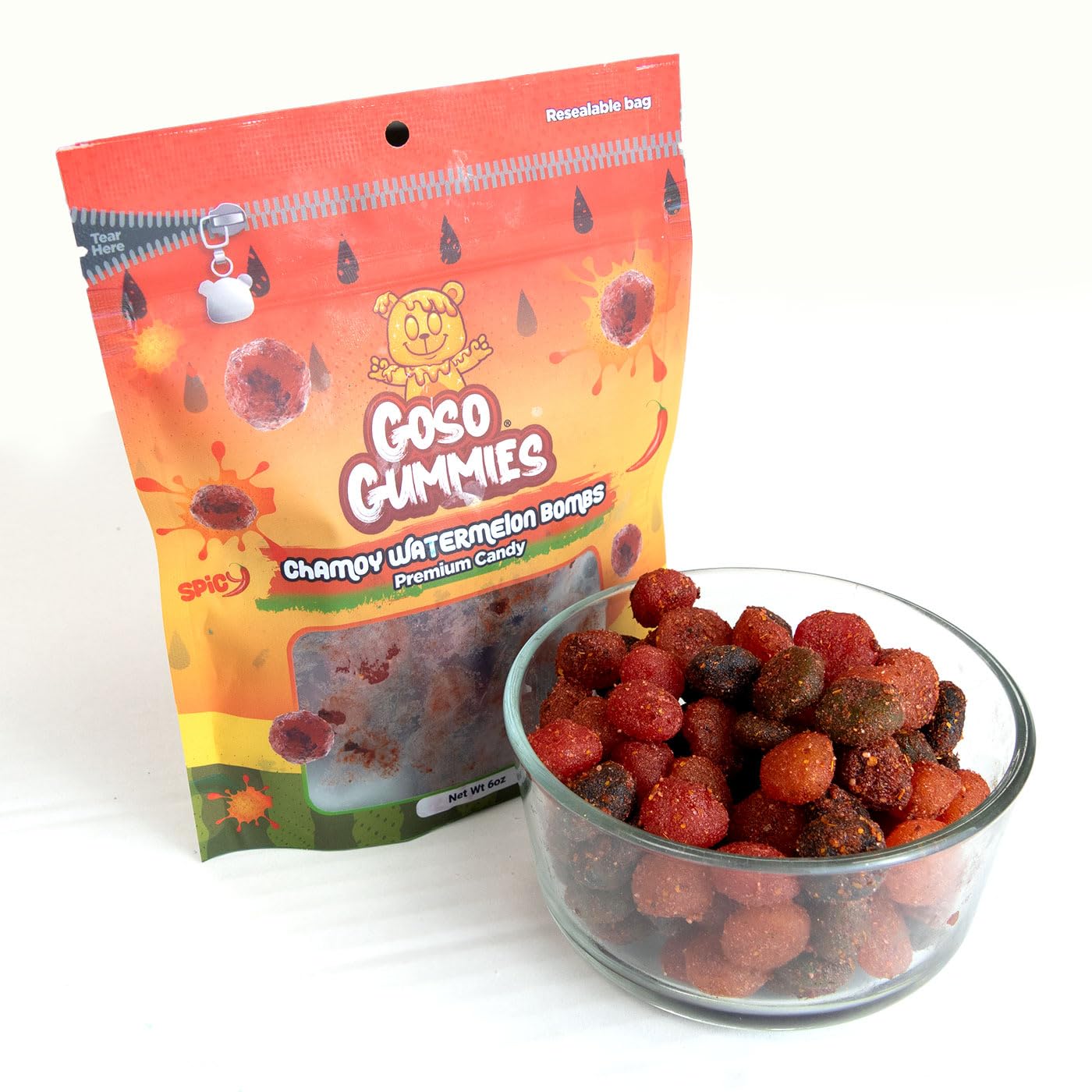 Goso Gummies Chamoy Watermelon Gusher Bombs - 6oz Bag - Spicy, Tangy & Sweet Chamoy Watermelon Filled Candy