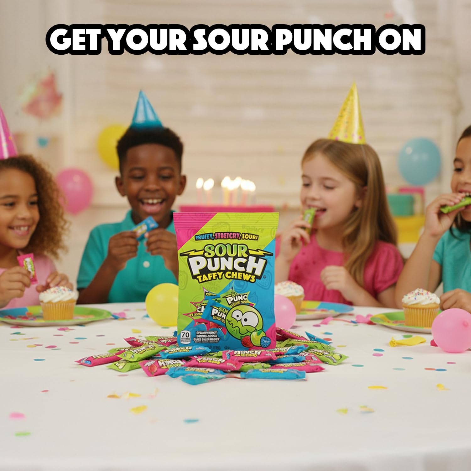 Sour Punch Taffy Candy Chews - 25 oz Bag (Pack of 1) - (Strawberry, Blue Raspberry, Green Apple) - Individually Wrapped Chewy Candy - Fun Sour Chewy