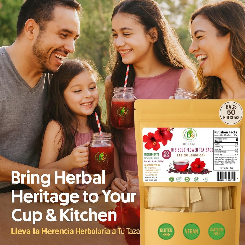 Hibiscus(Jamaica) Premium Flowers Tea Bags - 50 Count (2 g Each) - 100% Natural - Vacuum-Sealed for Freshness - Non-GMO, Sugar-Free, Gluten-Free
