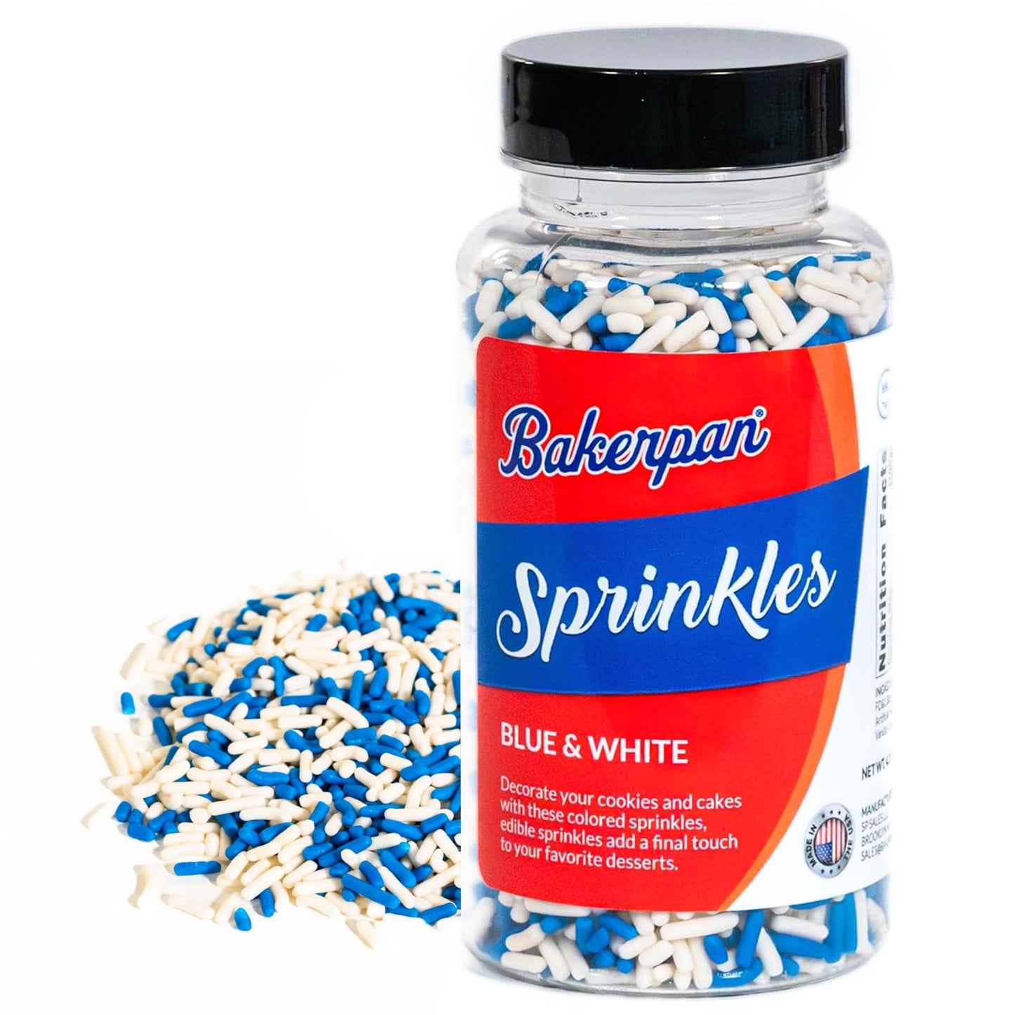 Bakerpan Blue and White Jimmies Sprinkles - 4.3 Ounces Sprinkles for Cake Decorating - Edible Blue Sprinkle for Cupcakes, Ice Cream, Cake Decorations