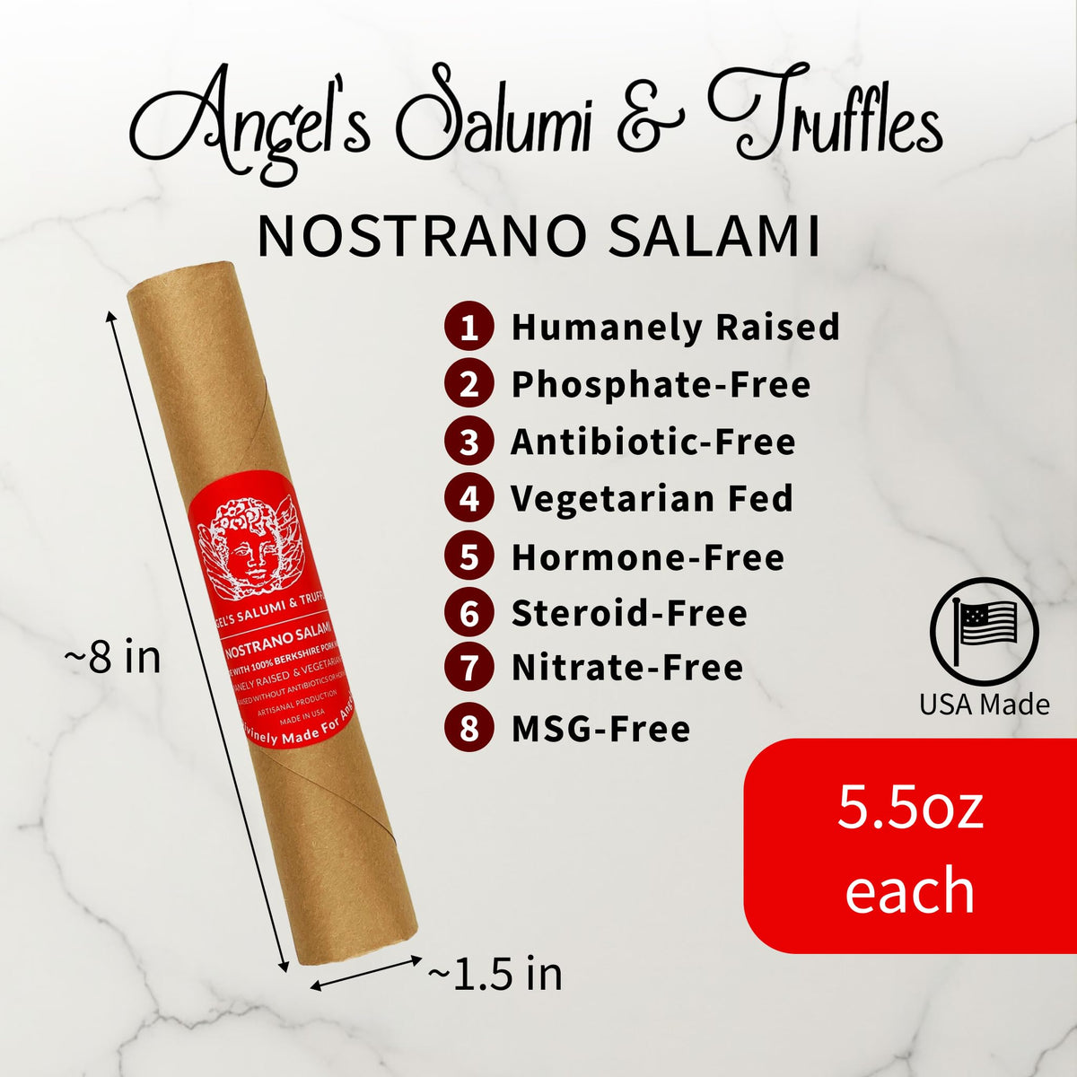 Angel's Salumi Nostrano Salami - 5.5oz Gourmet Artisanal Charcuterie - Humanely Raised, Vegetarian Fed, Antibiotic, Hormone, Nitrite, and MSG-Free