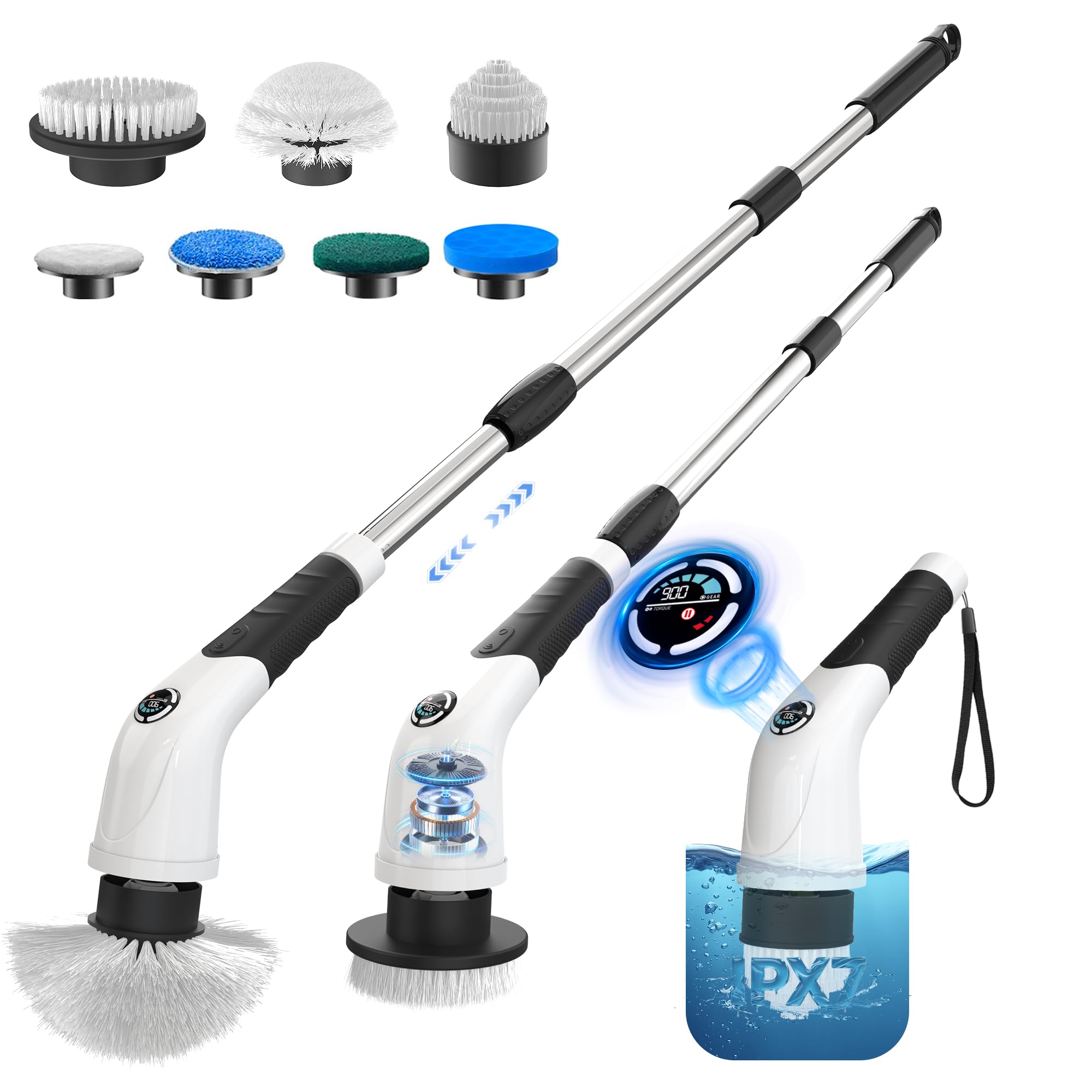 Cordless Electric Spin Scrubber, IPX7 Waterproof Rechargeable Power Cleaning Brush with 4000mAh Battery, 210min Runtime, 7 Brush Heads, 3 Adjustable