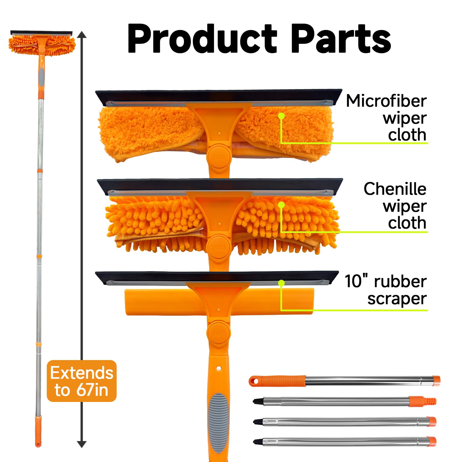 67" Squeegee Window Cleaner 2 in 1 Rotatable Window Cleaning Tool Kit with Extension Pole, Window Washing Equipment with Bendable Head for Indoor