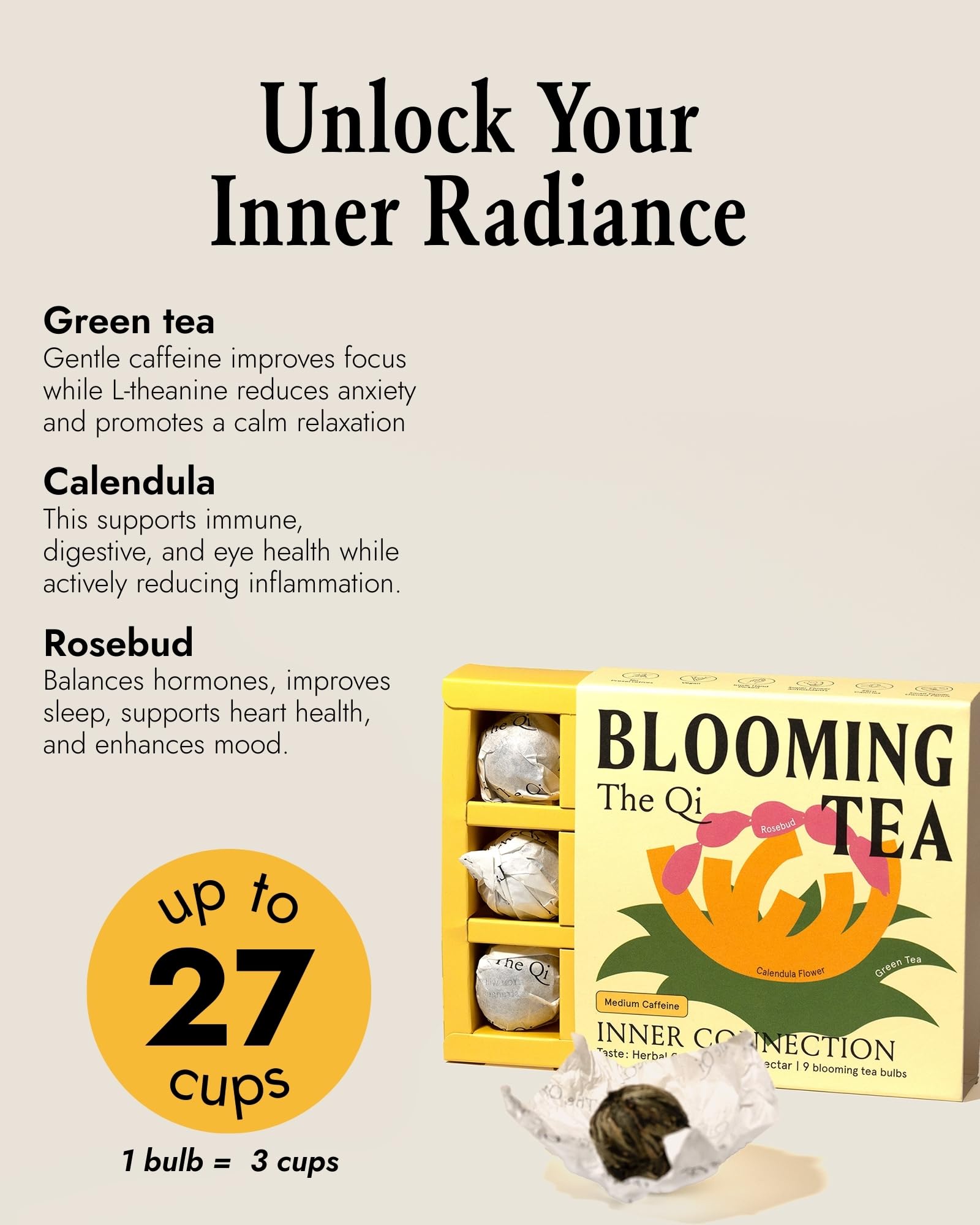 The-Qi Inner Connection Calendula & Rose Blooming Flower w/Green Tea - 9 Pcs Handpicked All Natural Blooming Flower Tea - Gift Set for Inner Calm