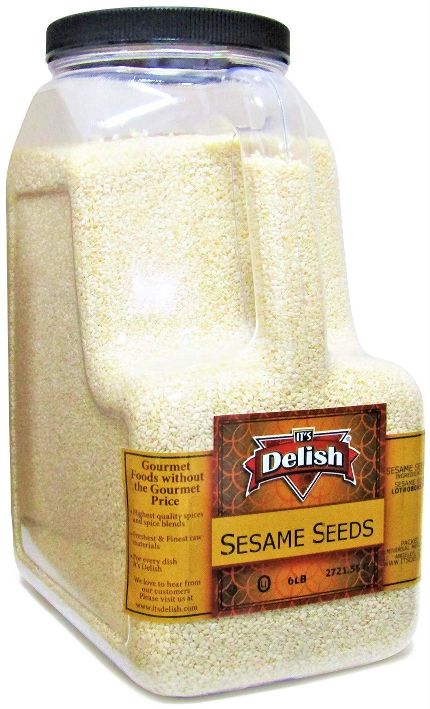Gourmet White Sesame Seeds (Hulled) by It's Delish - 6 lbs Gallon Size Container Jug with Handle - Premium Whole Sesame Bulk Restaurant & Foodservice