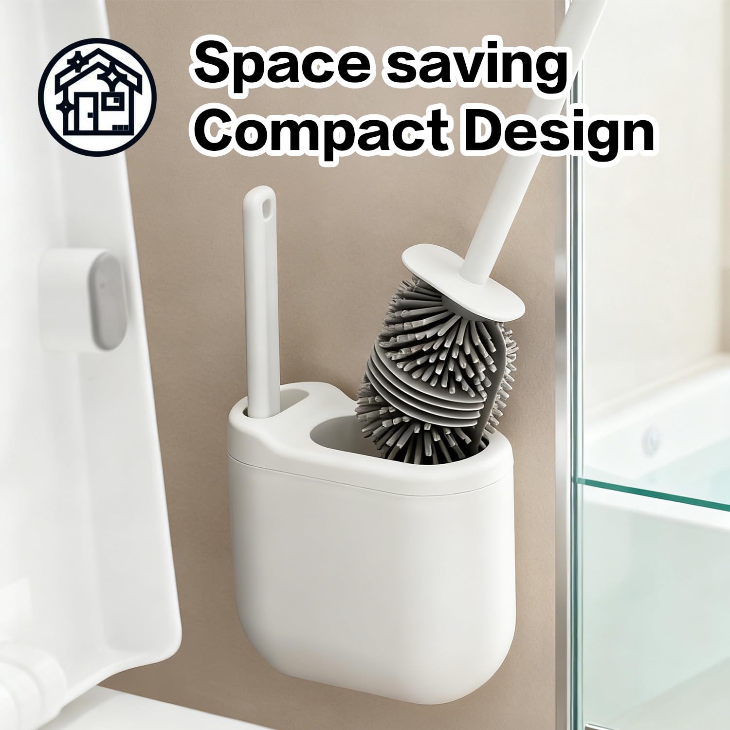 Silicone Toilet Brush Set with Corner Brush & Wall-Mounted Holder, No-Scratch Design with Drainage Holes, Adhesive Installation, White