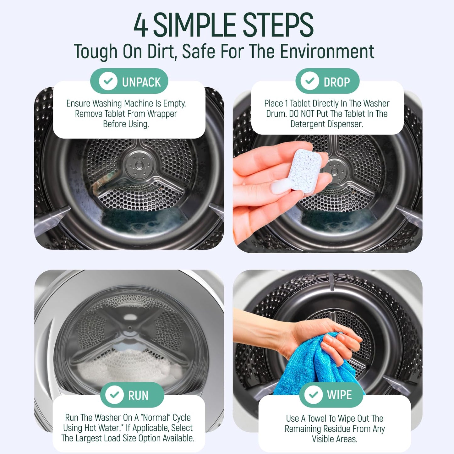 Natural Heavy Duty Washing Machine Cleaner Tablets - Plant Based & Eco Friendly Alternative Refill Laundry Tub Cleaning Tabs For Top Load or Front