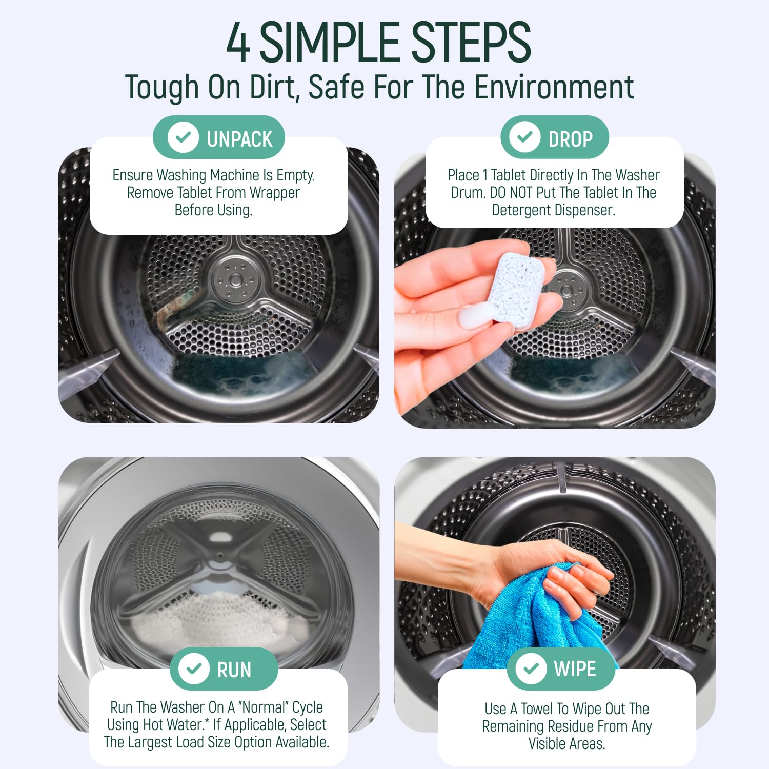 Natural Heavy Duty Washing Machine Cleaner Tablets - Plant Based & Eco Friendly Alternative Refill Laundry Tub Cleaning Tabs For Top Load or Front