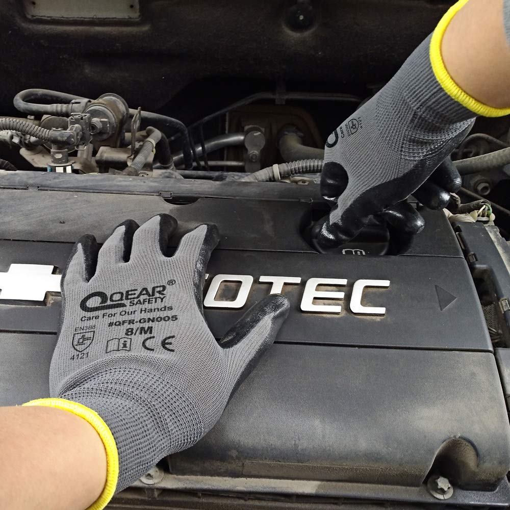 QEAR 12 Pairs Pack Nitrile Rubber Coated Gloves, Multi-function,Light-weight,Good Abrasion, Oil/Greasy Resistance Palm (X-Large)