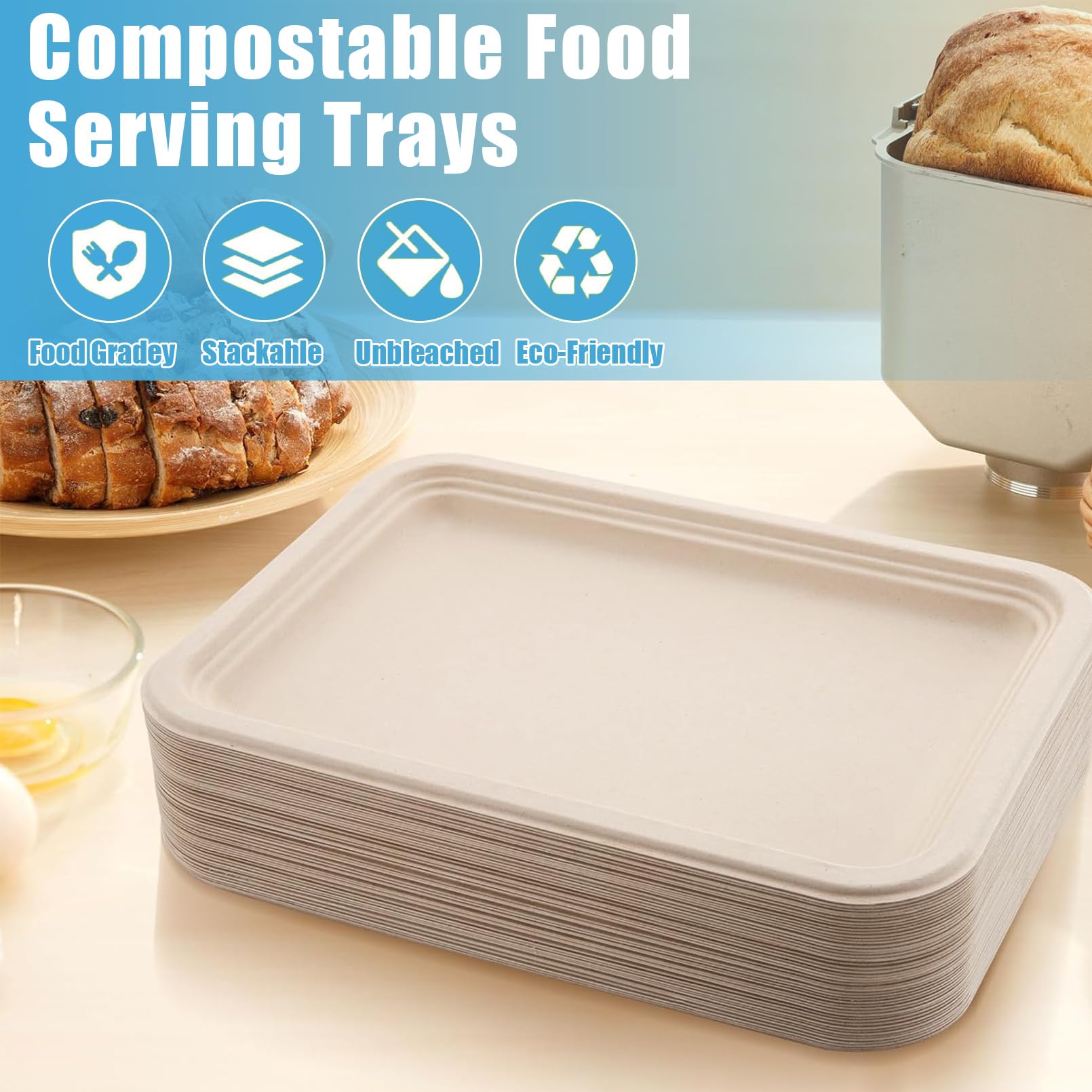 CACASO 50 Pack 14 inch Large Paper Plates, Disposable Food Trays, Heavy Duty Large Paper Plates, Compostable Sugarcane Platters, Disposable Serving