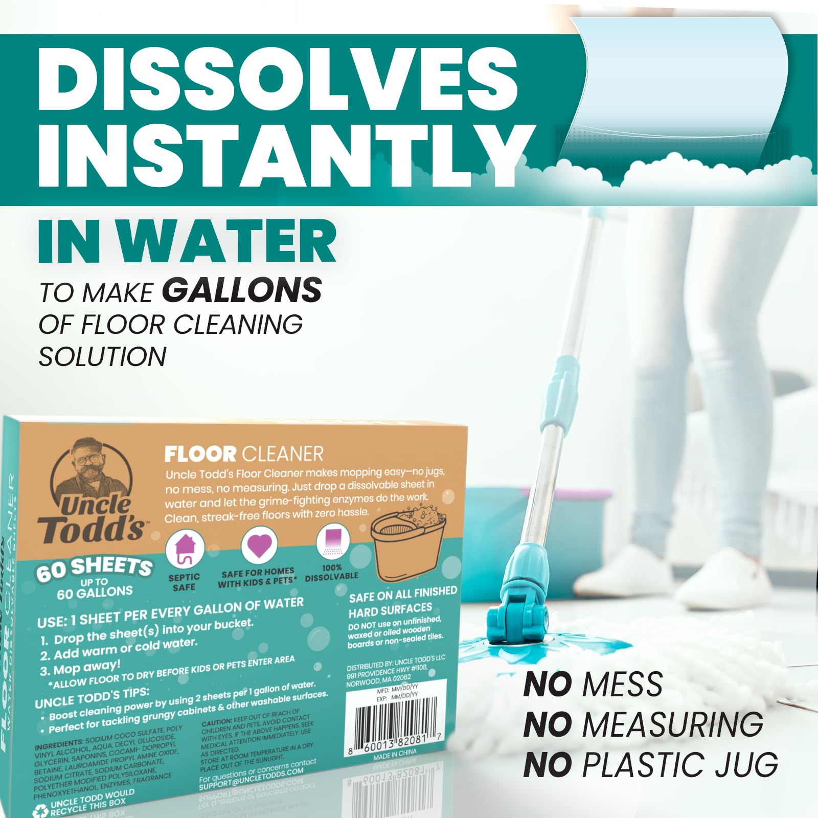 Uncle Todd's Ultra Concentrated Floor Cleaner For Mopping: 60 Natural, 100% Dissolvable Sheets for Mopping - Hardwood & Wood Floor Cleaner