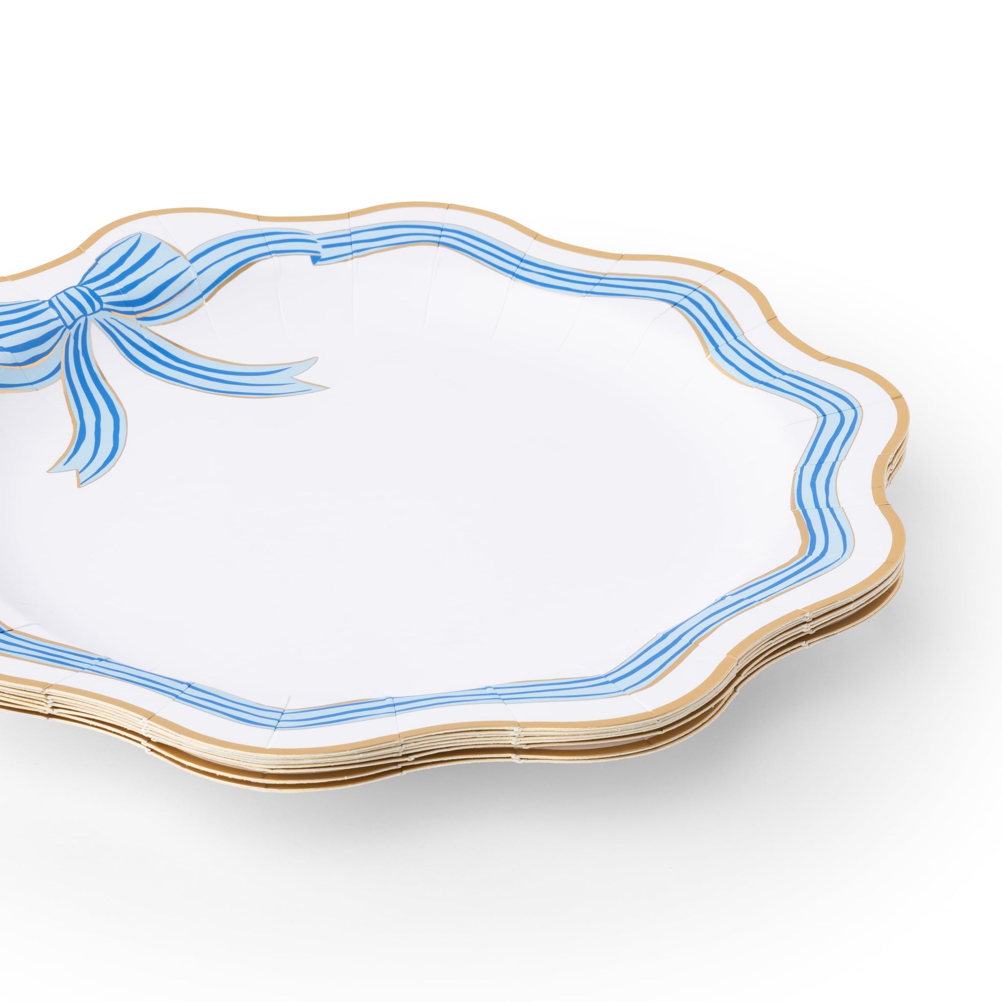 Bonjour Fête Blue & Gold Bow Paper Party Dinner Plates | Premium Paper Party Supplies |Gold Foil | Bridal & Baby Showers, Mother’s Day, Easter Brunch