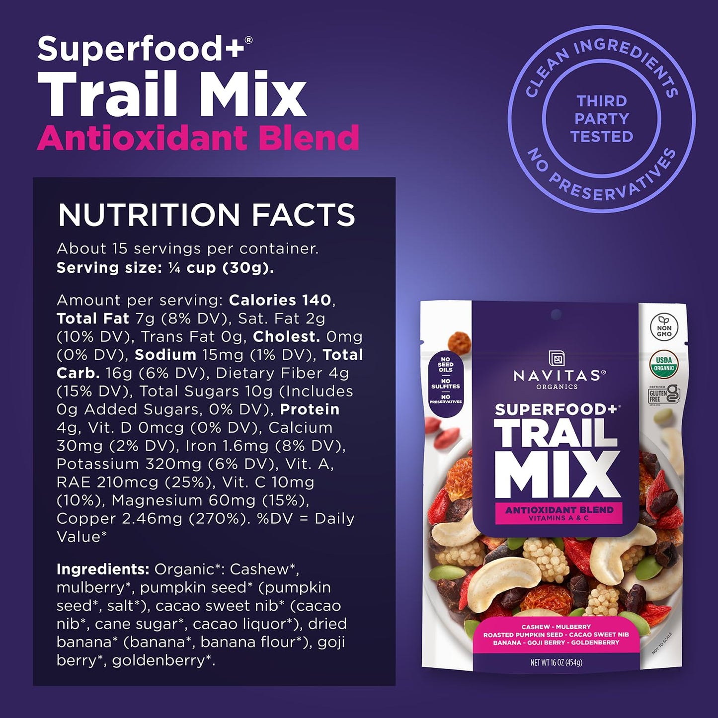 Navitas Organics Trail Mix Antioxidant Blend - Superfood Trail Mix - Antioxidant Rich Snacks - Fiber & Minerals - No Seed Oils - USDA Organic, Non