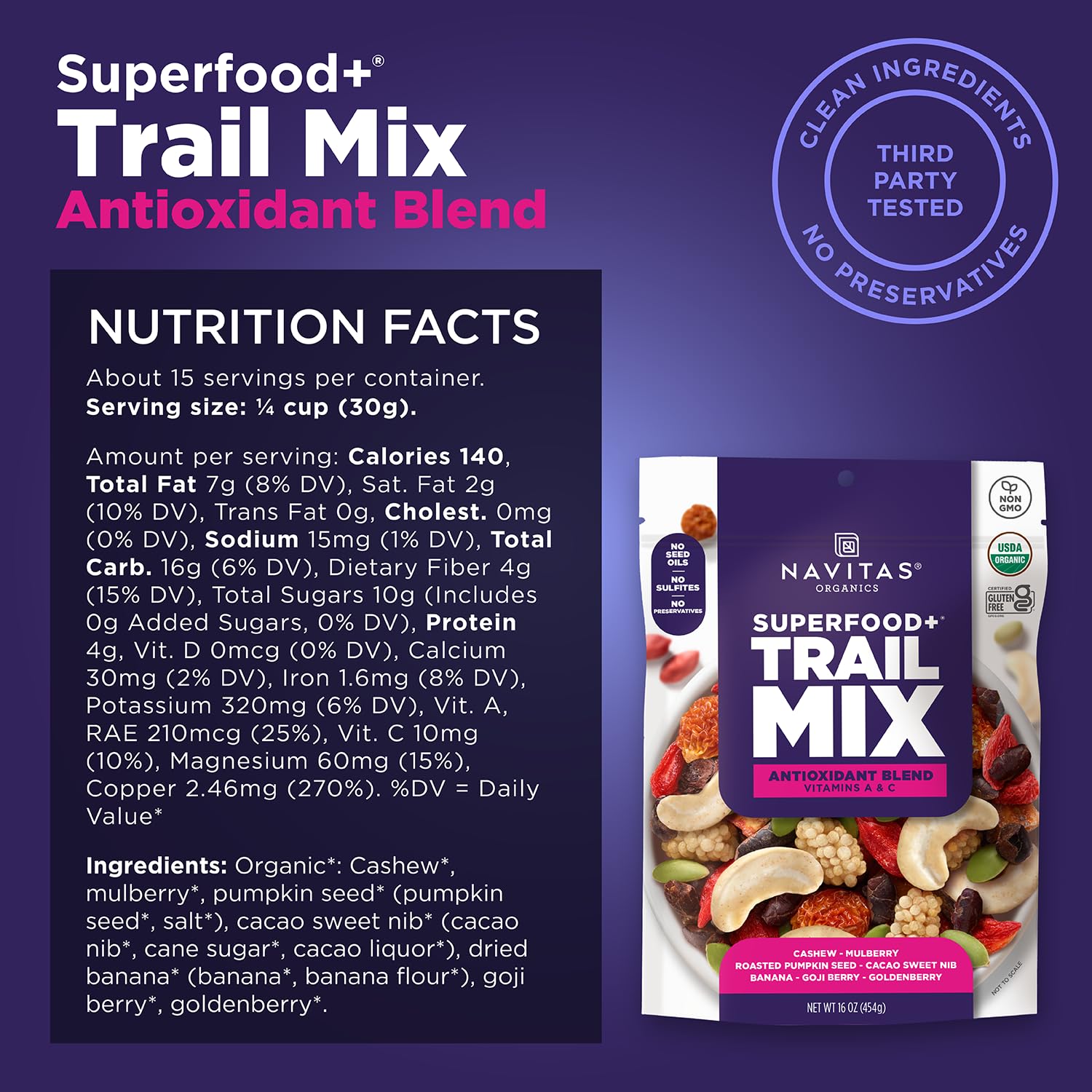 Navitas Organics Trail Mix Antioxidant Blend - Superfood Trail Mix - Antioxidant Rich Snacks - Fiber & Minerals - No Seed Oils - USDA Organic, Non