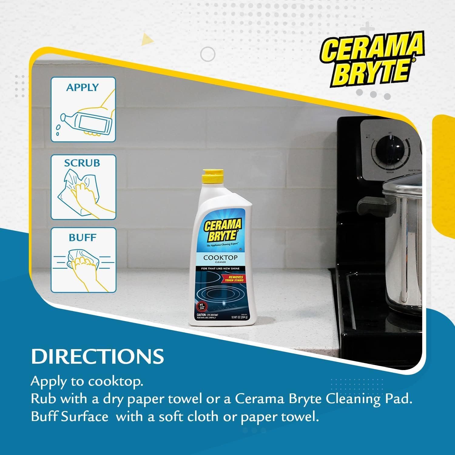 Cerama Bryte Combo Kit Pads & Removes Tough Stains Cooktop and Stove Top Cleaner for Glass - Ceramic Surfaces, 10 Ounces