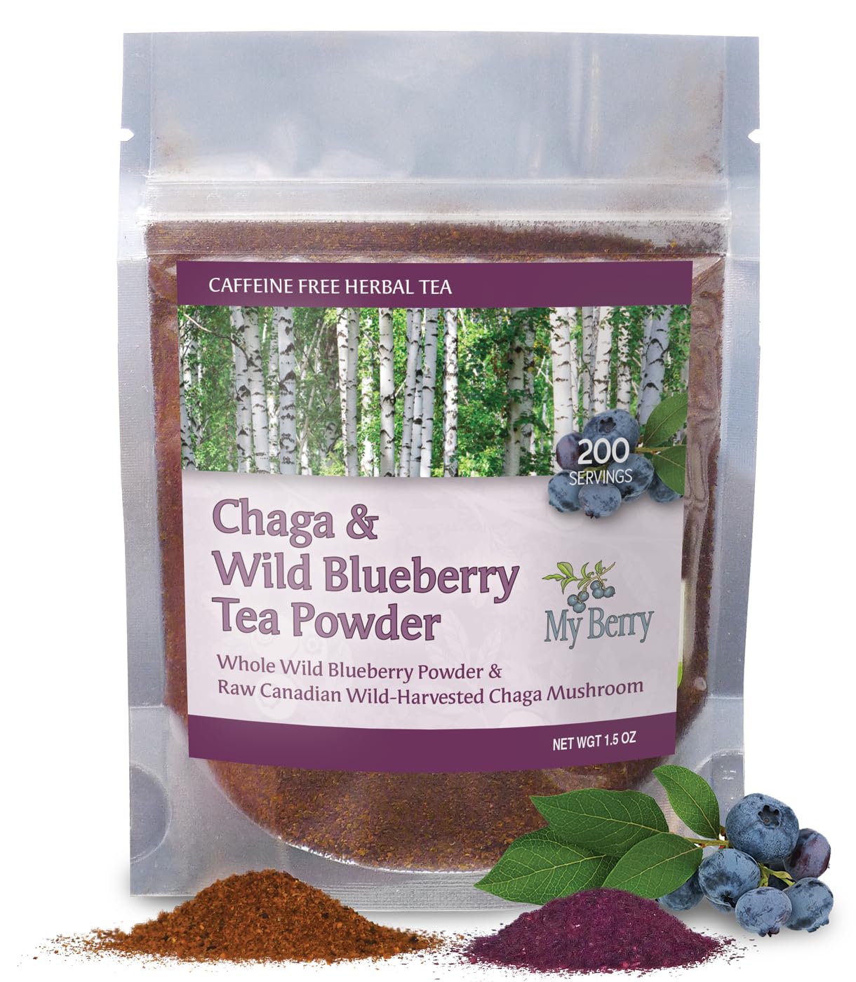 Maine Chaga & Wild Blueberry Tea Powder- Herbal Superfood Blend | 100% Wild-Harvested USA & Canadian Grown Chaga | 1.5oz | Caffeine-Free