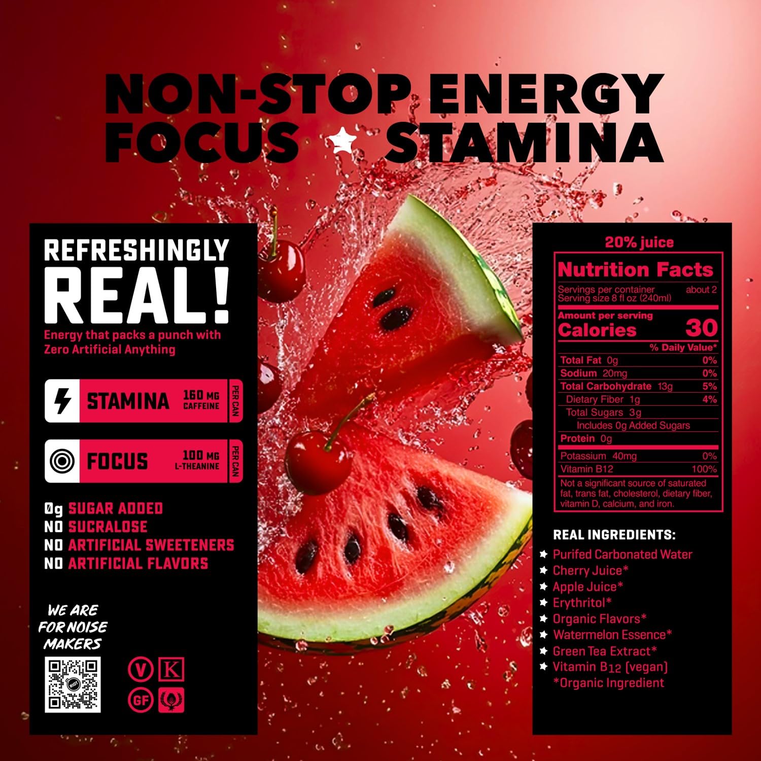 RIOT Clean Energy Drink - Cherry Watermelon | No Sucralose, No Sugar Added, No Artificial Flavors | 160mg Natural Caffeine + 100mg L-Theanine | Clean