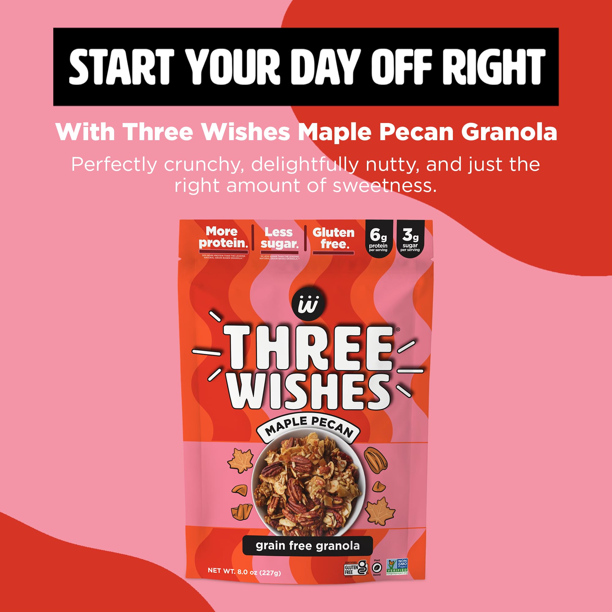 Three Wishes Granola, Maple Pecan (8-Pack) - Gluten Free Granola, 6g Protein & 3g Sugar Healthy Breakfast & On-the-Go Snack - Vegan, Kosher