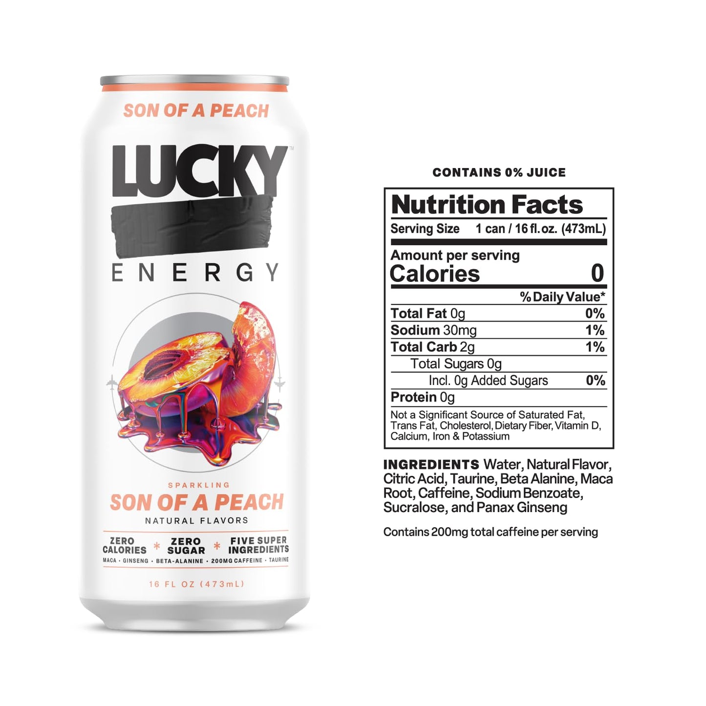 Lucky Energy Sugar Free Energy Drinks, Son of a Peach, 16oz Cans (12-Pack) Healthy, Zero Sugar Energy Drink with Maca, Ginseng, Beta-Alanine, Taurine