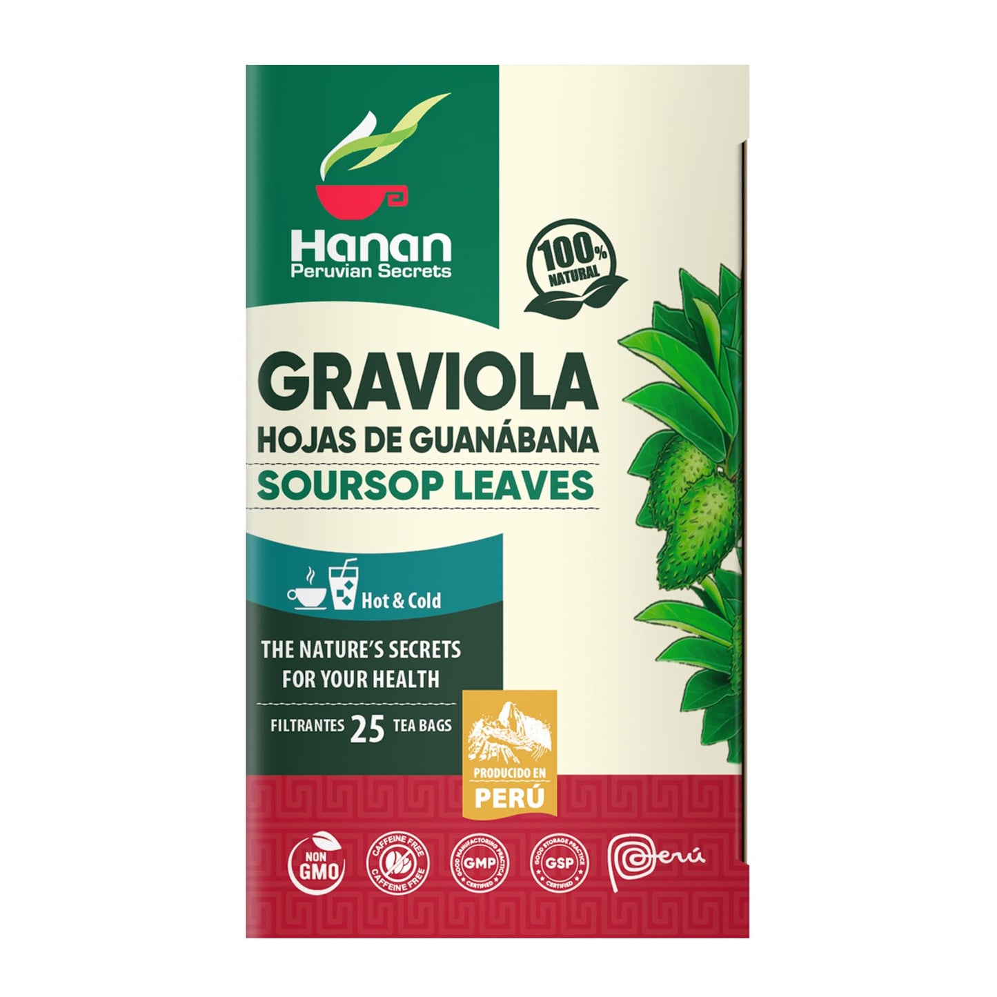 Hanan Peruvian Secrets Hojas De Guanabana-Graviola Herbal Tea | 100% Natural Soursop Leaves | 25 Tea Bags | Naturally Aids in Supporting the Liver
