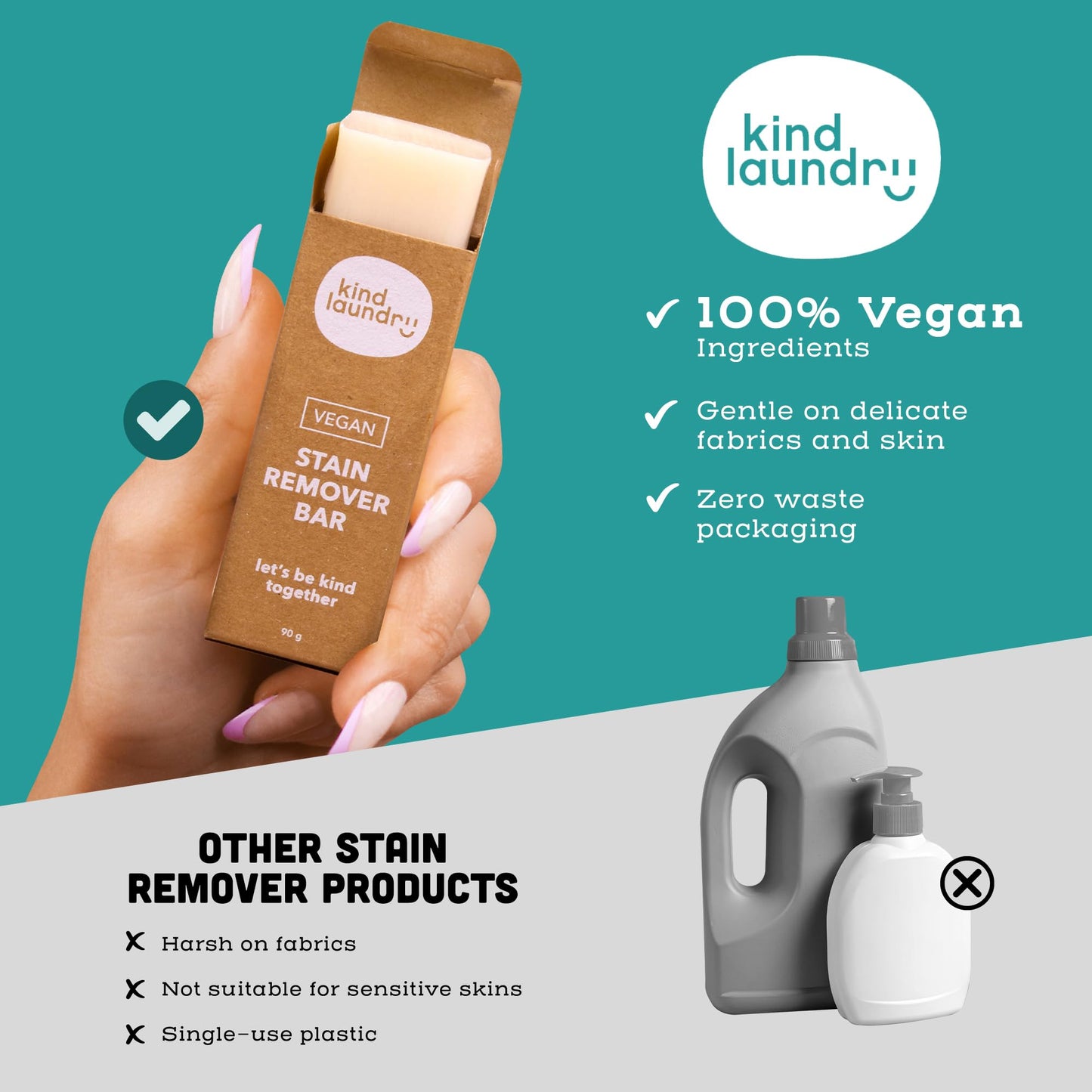 Kind Laundry - Vegan Stain Remover Bar, Travel Natural Stain Remover for Clothes, Gluten-and-Cruelty-Free Laundry Stain Remover, Unscented Baby Stain