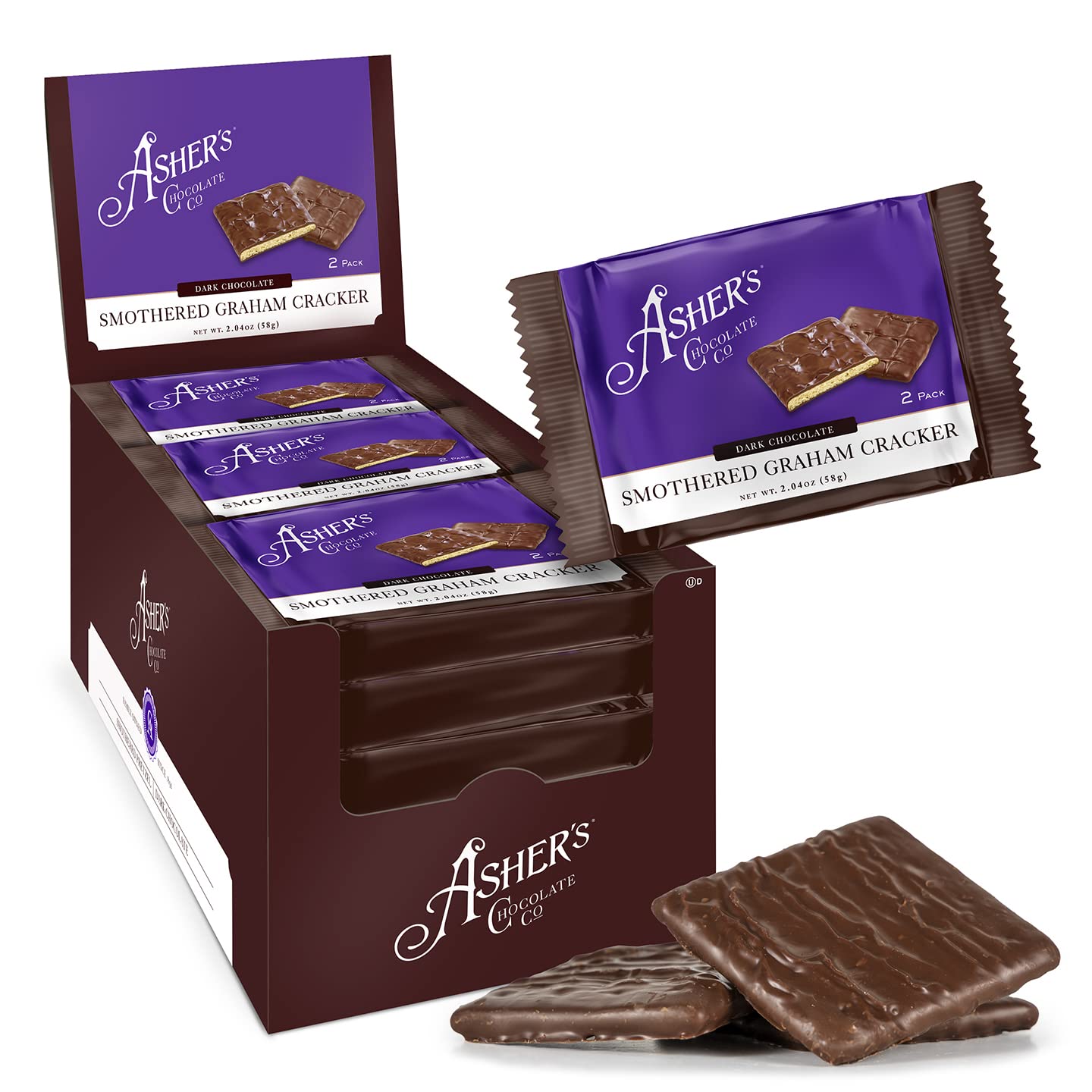 Asher's Chocolates, Chocolate Covered Grahams, Gourmet Sweet and Salty Candy, Individually Wrapped Snack, Family Owned Since 1892 (Dark Chocolate, 15
