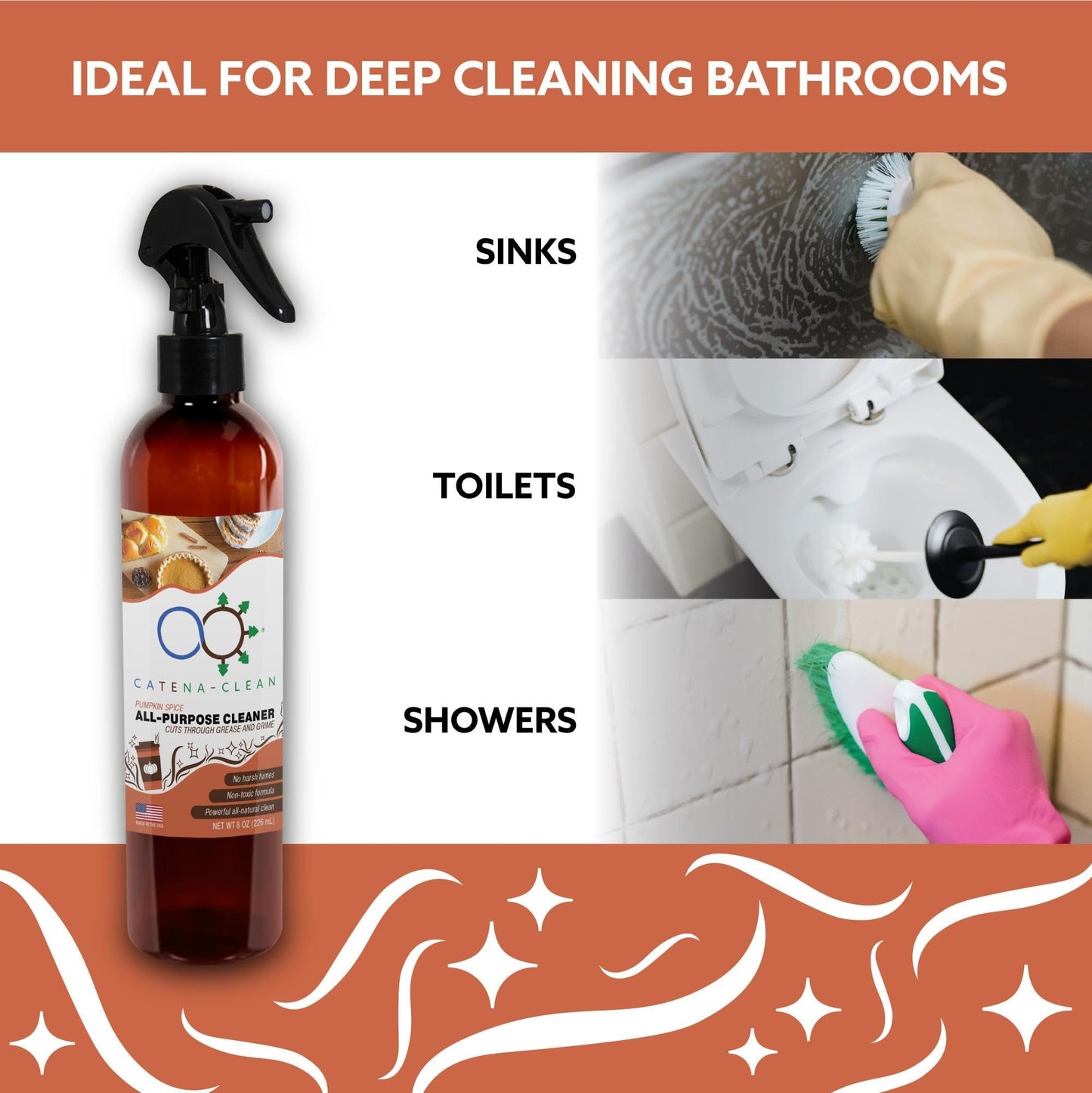 Natural Pumpkin Spice Bathroom Cleaner (Pack of 6, 8 fl. oz each, 48 fl. oz total) - Fast Acting, All Purpose Spray for Toilet, Shower, Tile, & Sink