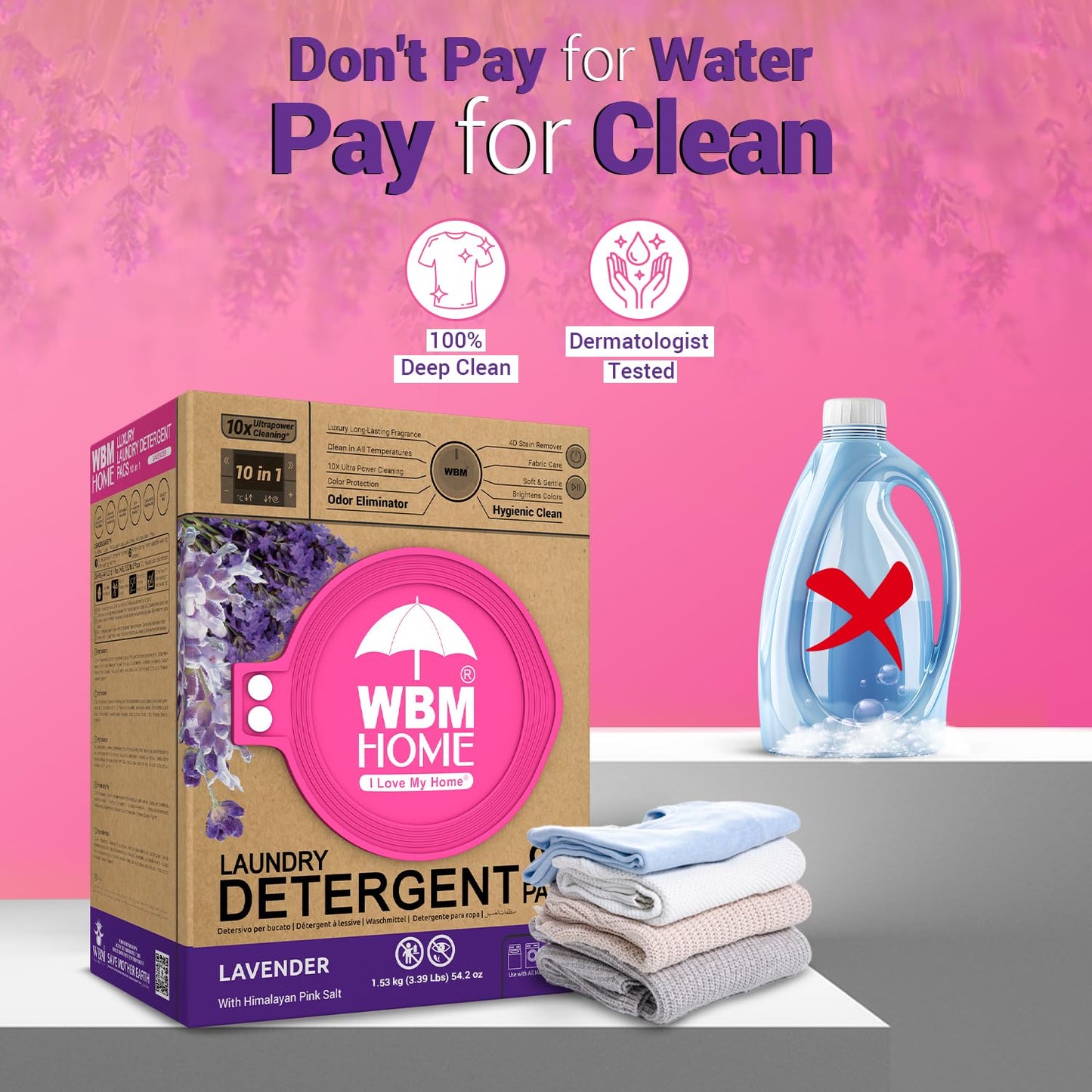 WBM 10-in-1 Laundry Pods with Softener & Scent Booster, 96 Count, High Efficiency (HE), Fabric Softener, Lavender Extracts, Stain Lifter