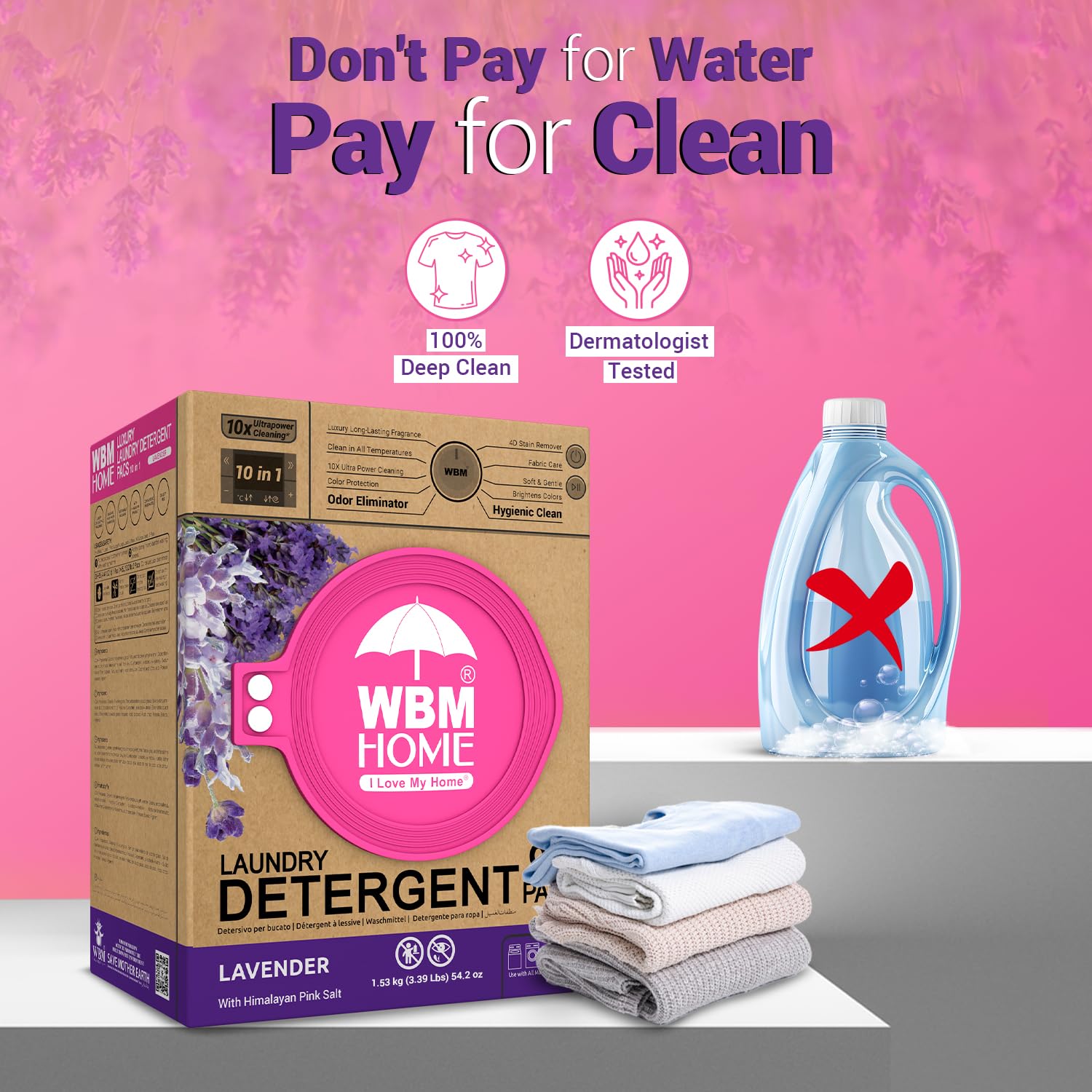 WBM 10-in-1 Laundry Pods with Softener & Scent Booster, 96 Count, High Efficiency (HE), Fabric Softener, Lavender Extracts, Stain Lifter