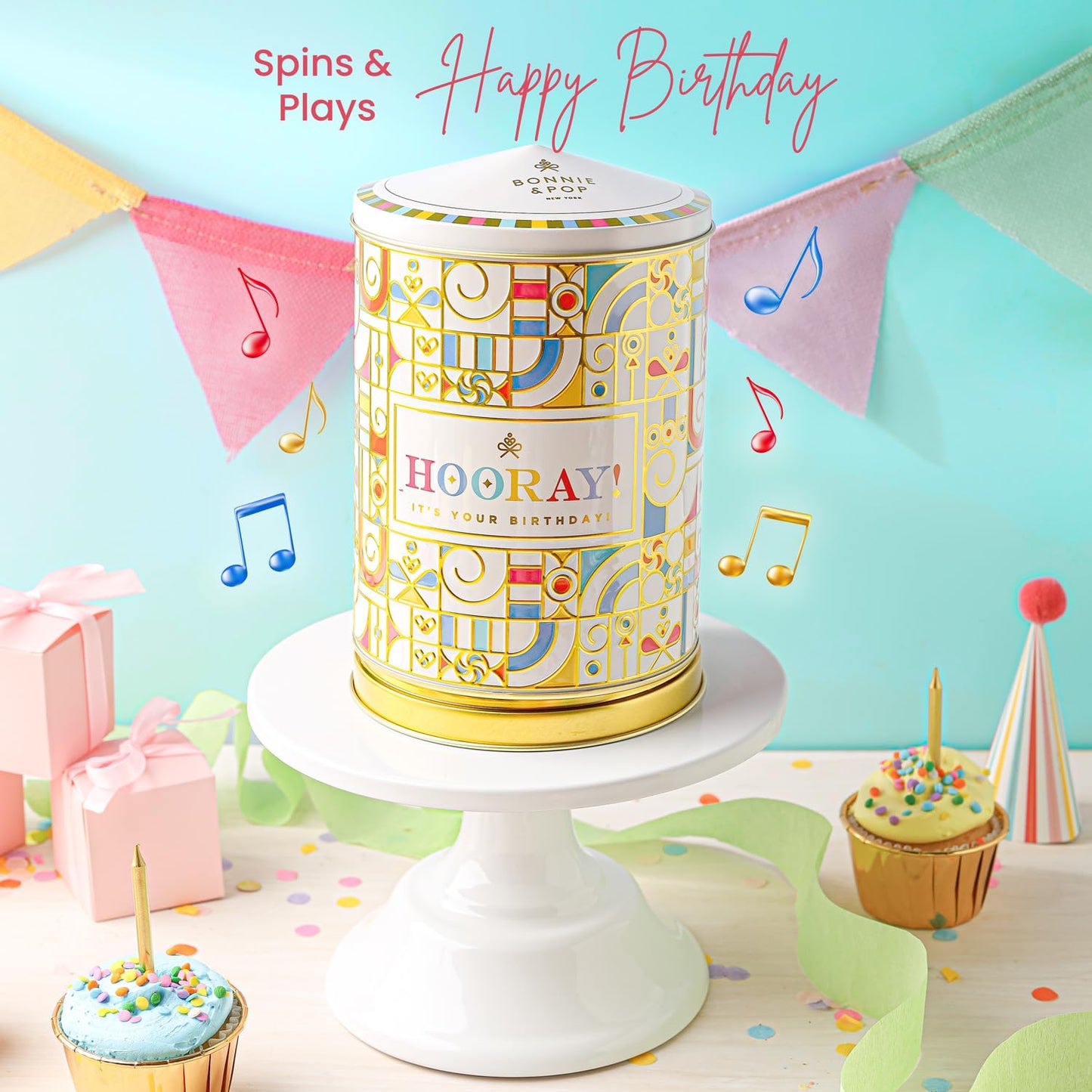 Birthday Gift Basket | Popcorn, Sweets, Candy, Cake Flavors | Tin Spins, Plays Music Happy Birthday | Bonnie and Pop