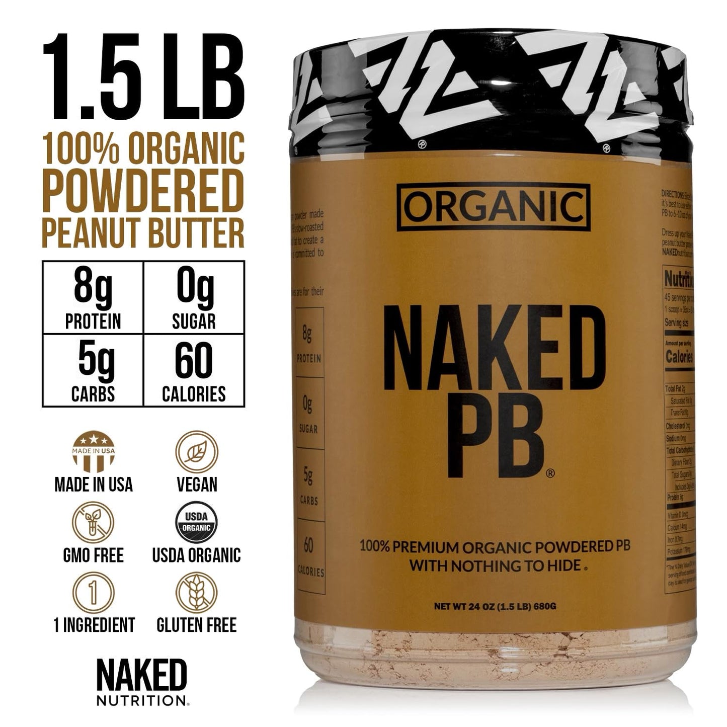 Organic Powdered Peanut Butter from US Farms - Bulk, Only 1 Ingredient - Roasted Peanuts, Vegan, No Additives, Preservative Free, No Salt, No Sugar
