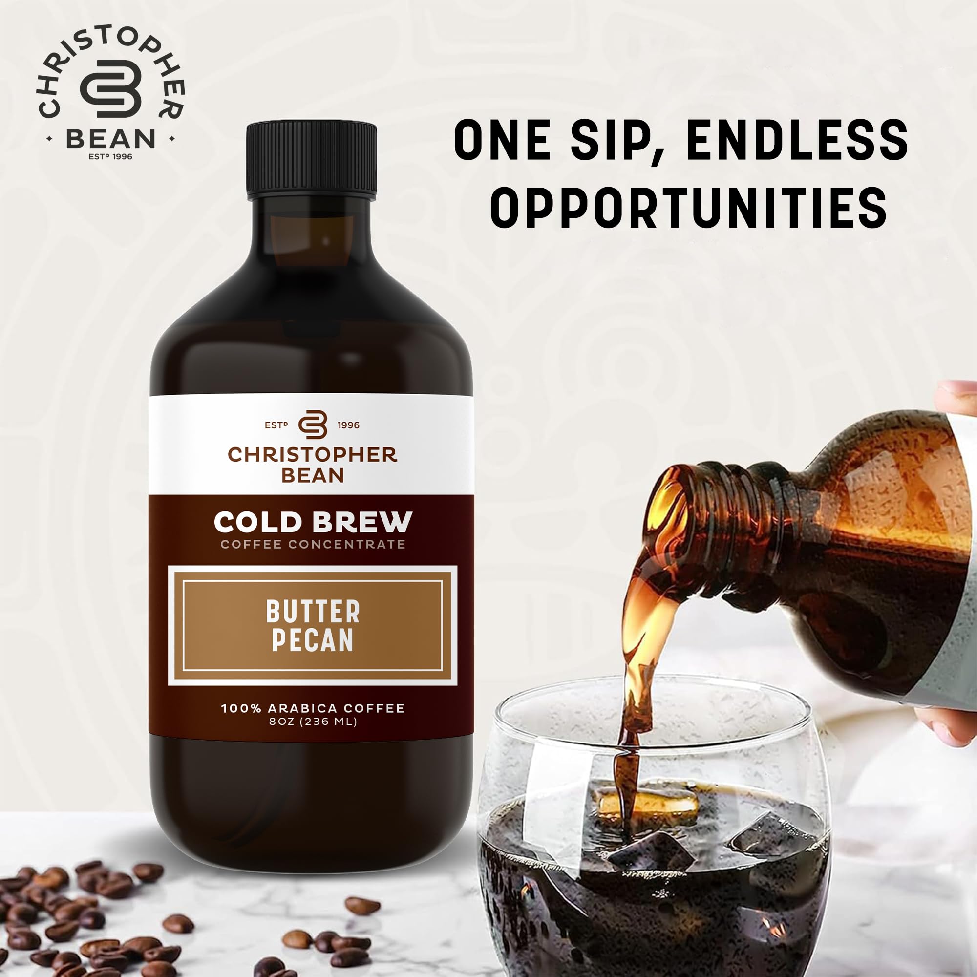 Christopher Bean Hand Crafted Butter Pecan Flavored Coffee - Certified Kosher - Unsweetened Cold Brew & Iced Instant Coffee Distillate Liquid Java