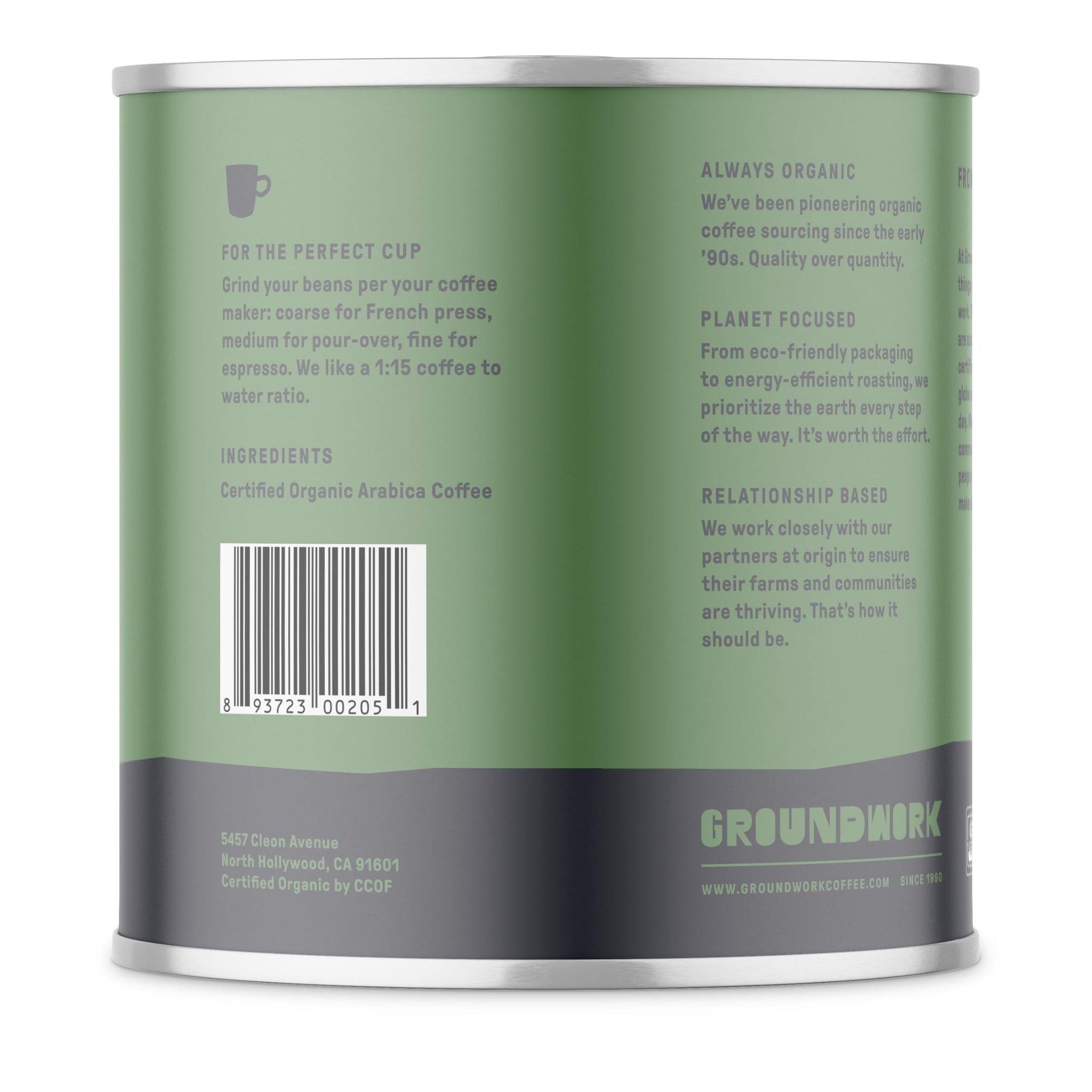 Groundwork USDA Organic Whole Bean Light Roast Coffee, Peru, 16 Ounce Can