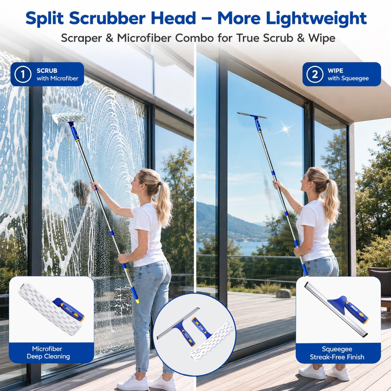 ITTAR Window Squeegee Cleaning Kit with 60 Inch Extension Pole, Glass Cleaner Tool 12" Rubber Blade & 2 Microfiber Pads, Window Washing Equipment