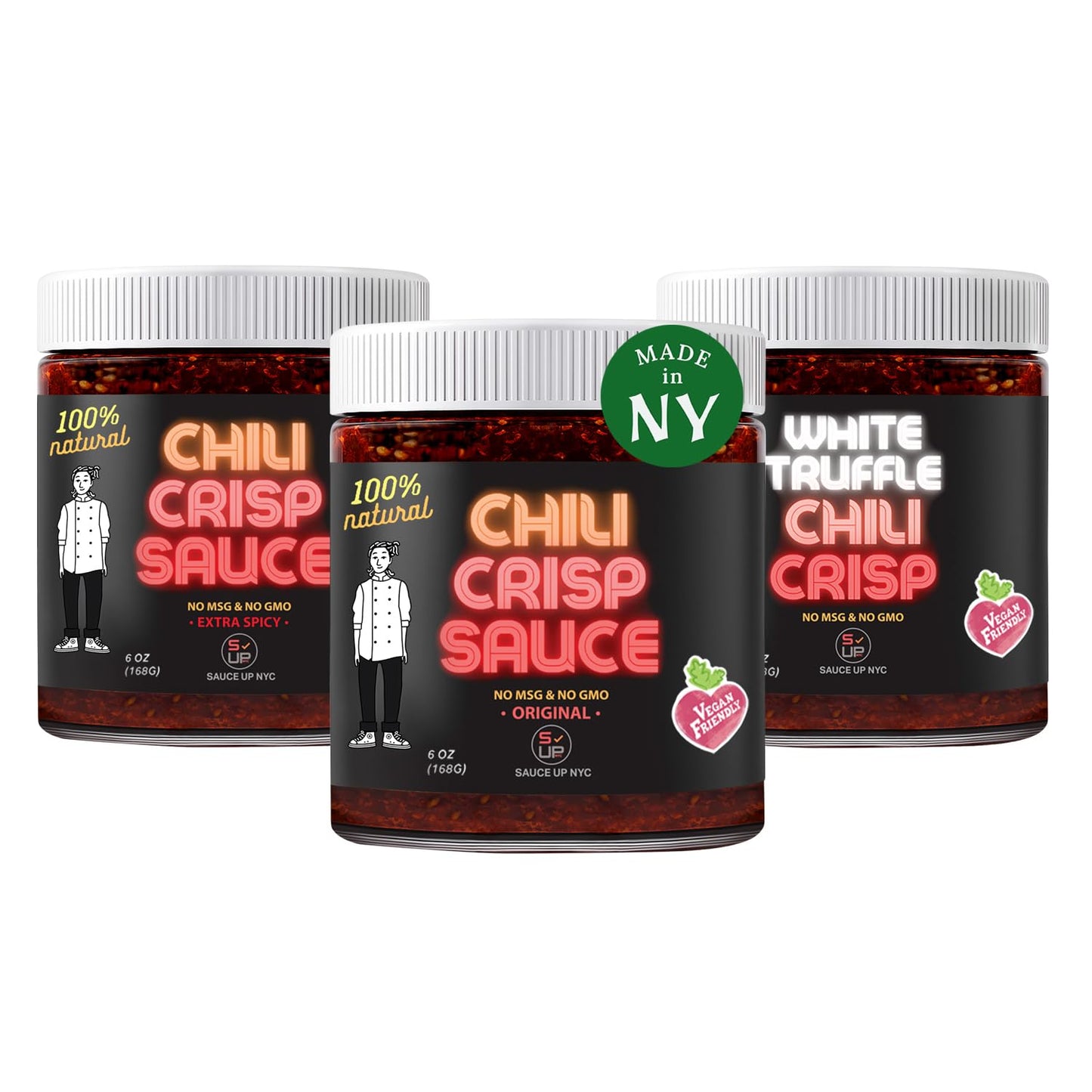 SAUCE UP Chili Crisp Trio Bundle - Original, Extra Spicy & White Truffle | Super Crunchy, Savory & Garlicky Chili Oil & Sauce | Vegan, Keto