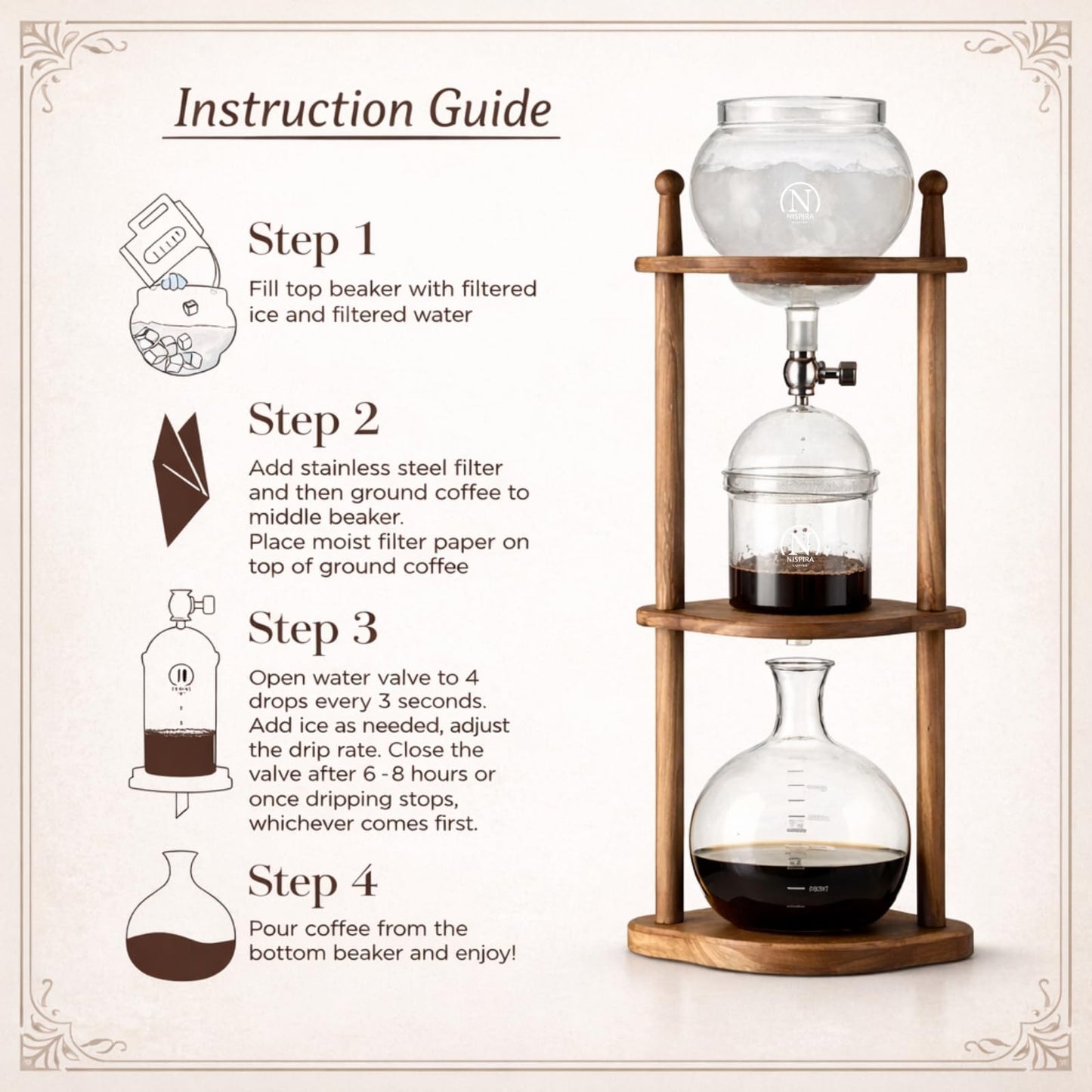 Nispira Cold Brew coffee Maker Ice Coffee Drip Machine with Advanced Slow Drip Technology Borosilicate Glass with Wood Tower, 6-8 Cup, Brown