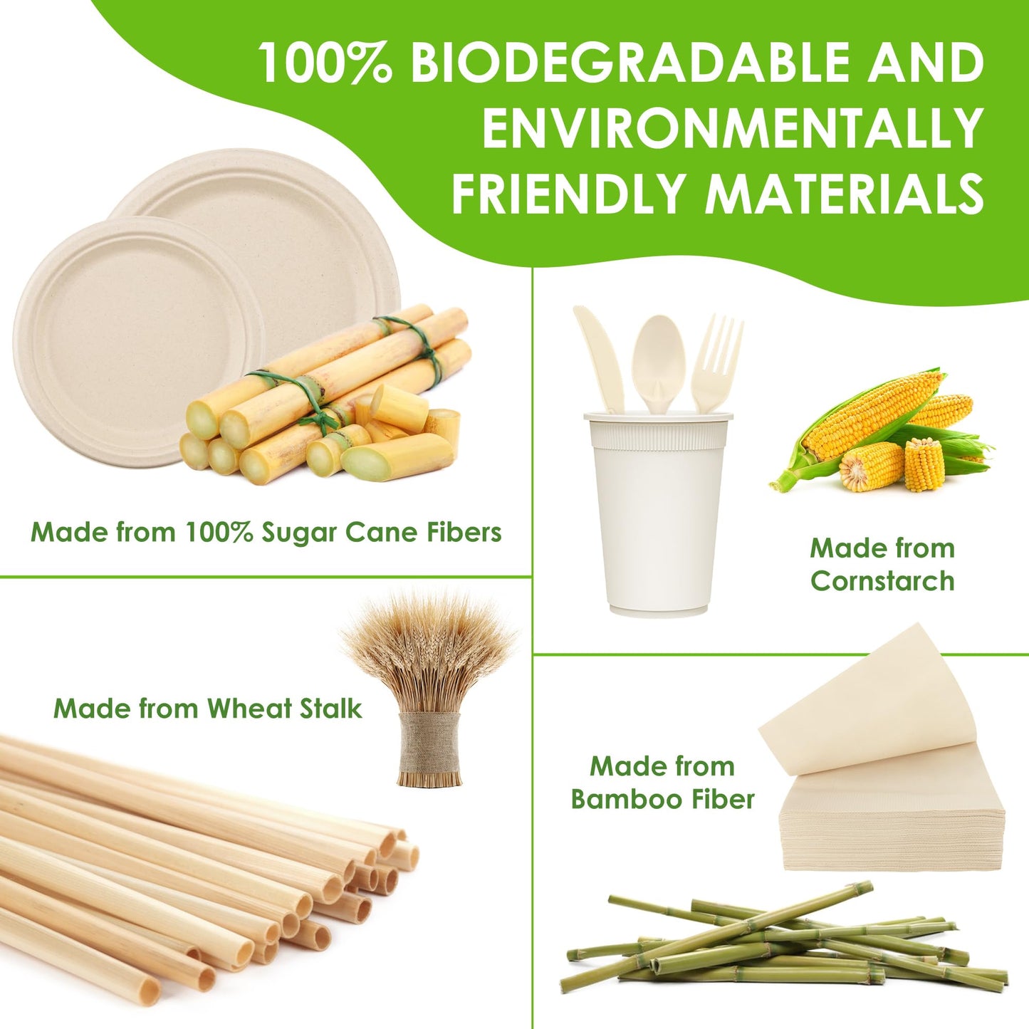 FEHHTO 400PCS Disposable Paper Plates Set, Compostable Eco-friendly Dinnerware Set, Biodegradable Heavy-Duty Paper Plates, Utensils, Cups, Napkins
