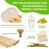 FEHHTO 400PCS Disposable Paper Plates Set, Compostable Eco-friendly Dinnerware Set, Biodegradable Heavy-Duty Paper Plates, Utensils, Cups, Napkins
