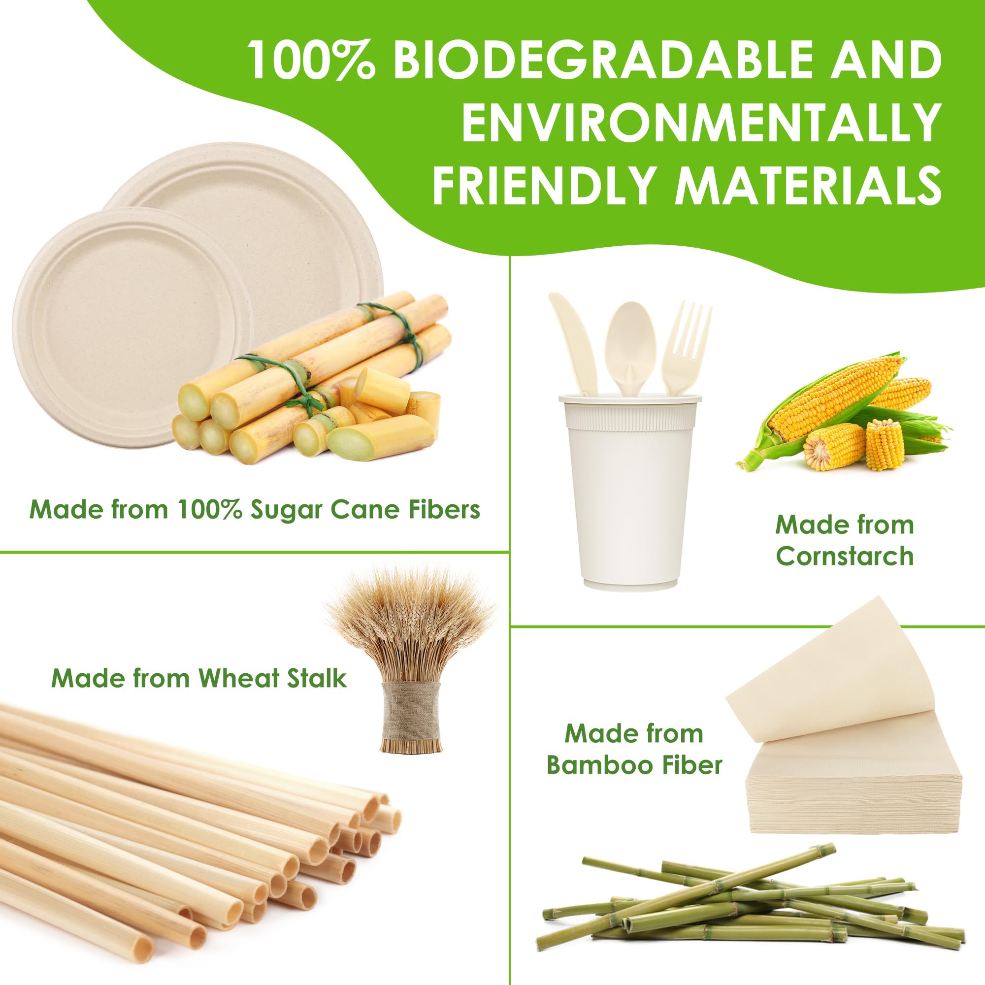 FEHHTO 400PCS Disposable Paper Plates Set, Compostable Eco-friendly Dinnerware Set, Biodegradable Heavy-Duty Paper Plates, Utensils, Cups, Napkins