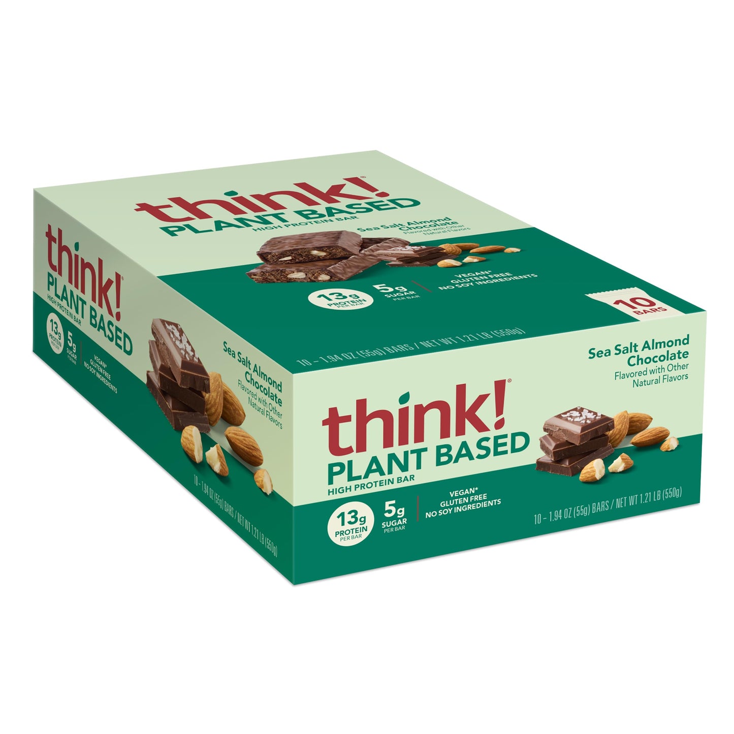 think! Vegan/Plant Based High Protein Bars - Sea Salt Almond Chocolate, 13g Protein, 5g Sugar, No Artificial Sweeteners, Non GMO Project Verified, 10