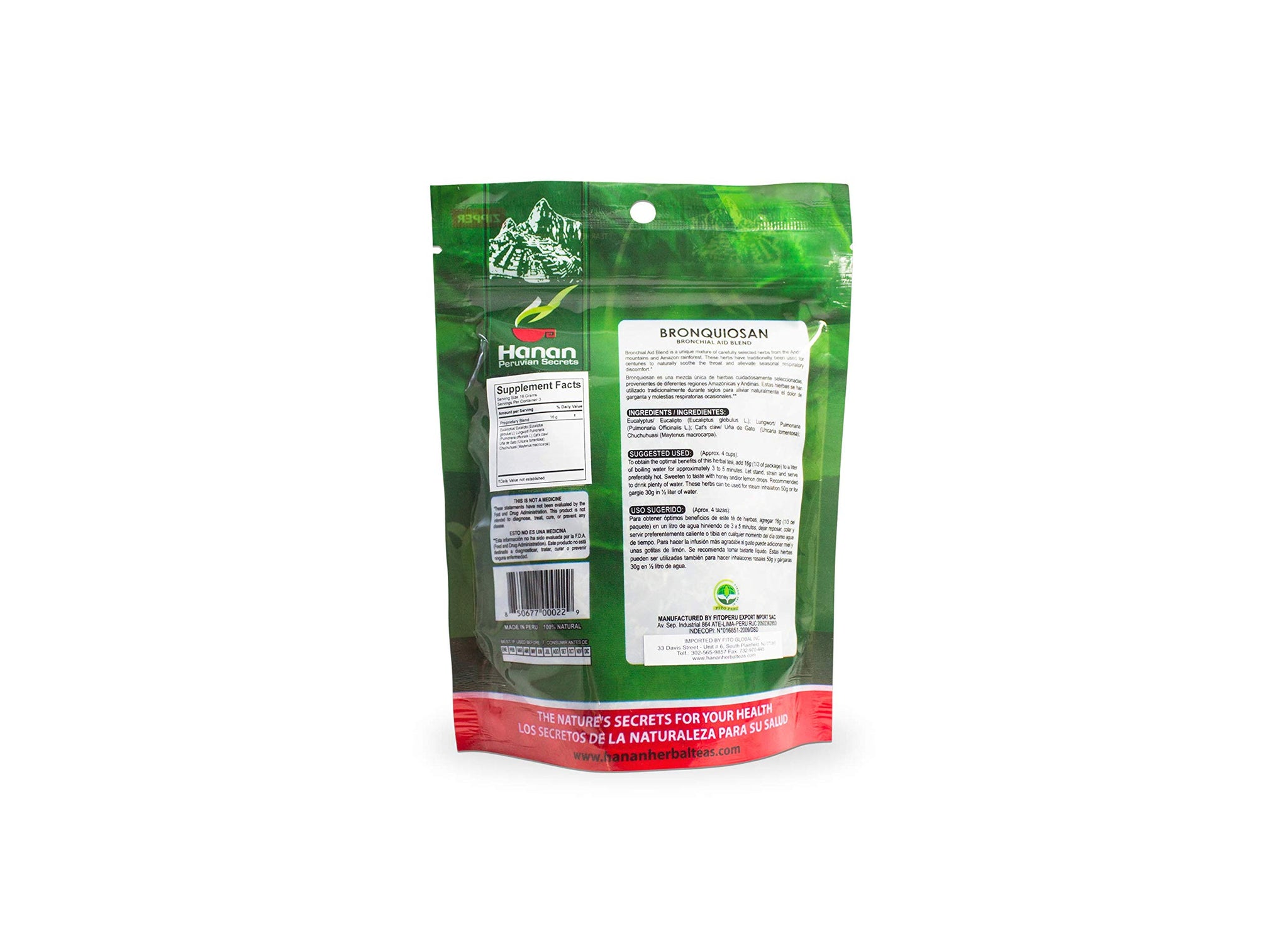 Hanan Peruvian Secrets Bronquiosan Herbal Tea | 100% Natural Bronchial Aid Blend | 1.76oz / 50g | Naturally Aids in Soothing the Throat