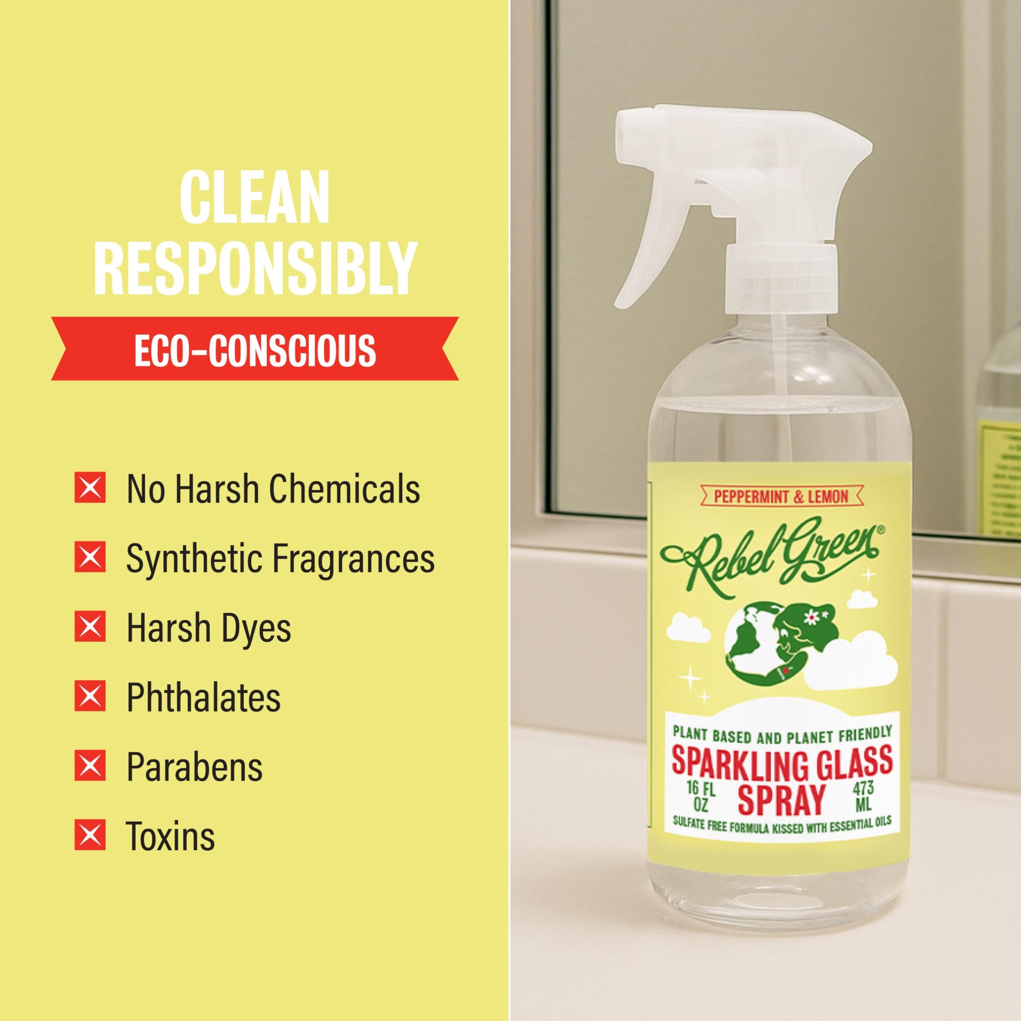 Rebel Green Sparkling Glass Spray - Streak-Free Natural Glass Cleaner for Windows, Mirrors, and Surfaces - Peppermint & Lemon Scent - 80 oz - 2 Pack