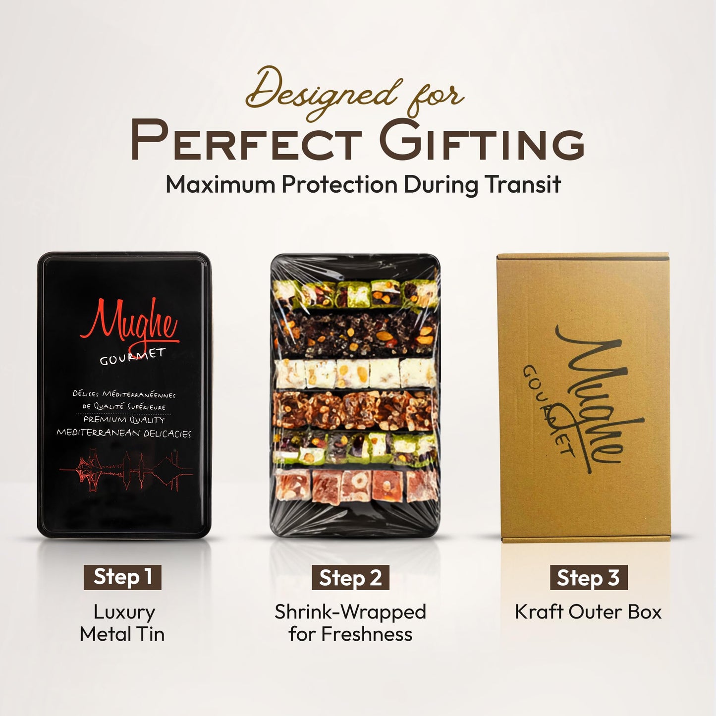 Mughe Gourmet Sultan Turkish Delight Gift Box, 650g (1.44lb) - Authentic Pistachio, Orange, Hazelnut and Almond Lokum - Vegan, Halal Mediterranean