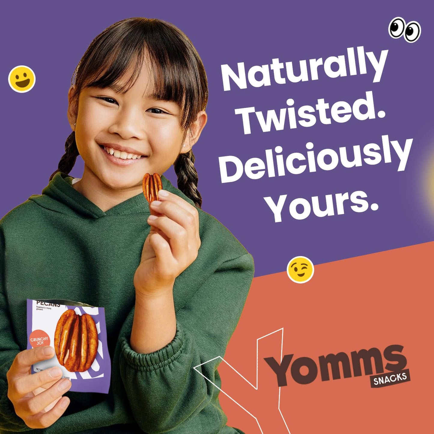 Yomms Crunchy Joy Glazed Whole Pecan Halves, 3.5 oz, Gluten-Free & Non-GMO Healthy Dessert Snack - Low Sugar Classic Candied Nut Pouch - Roasted