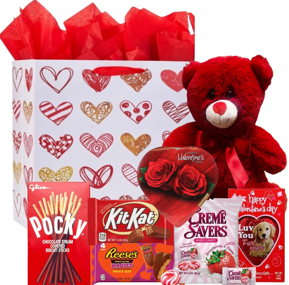 Valentines Day Gift Basket Set | Teddy Bear Plush (RED OR WHITE), Elmer Heart Chocolate, Milk Chocolate Bar, Kit Kat Chocolate Bar, Glico Pocky