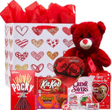 Valentines Day Gift Basket Set | Teddy Bear Plush (RED OR WHITE), Elmer Heart Chocolate, Milk Chocolate Bar, Kit Kat Chocolate Bar, Glico Pocky
