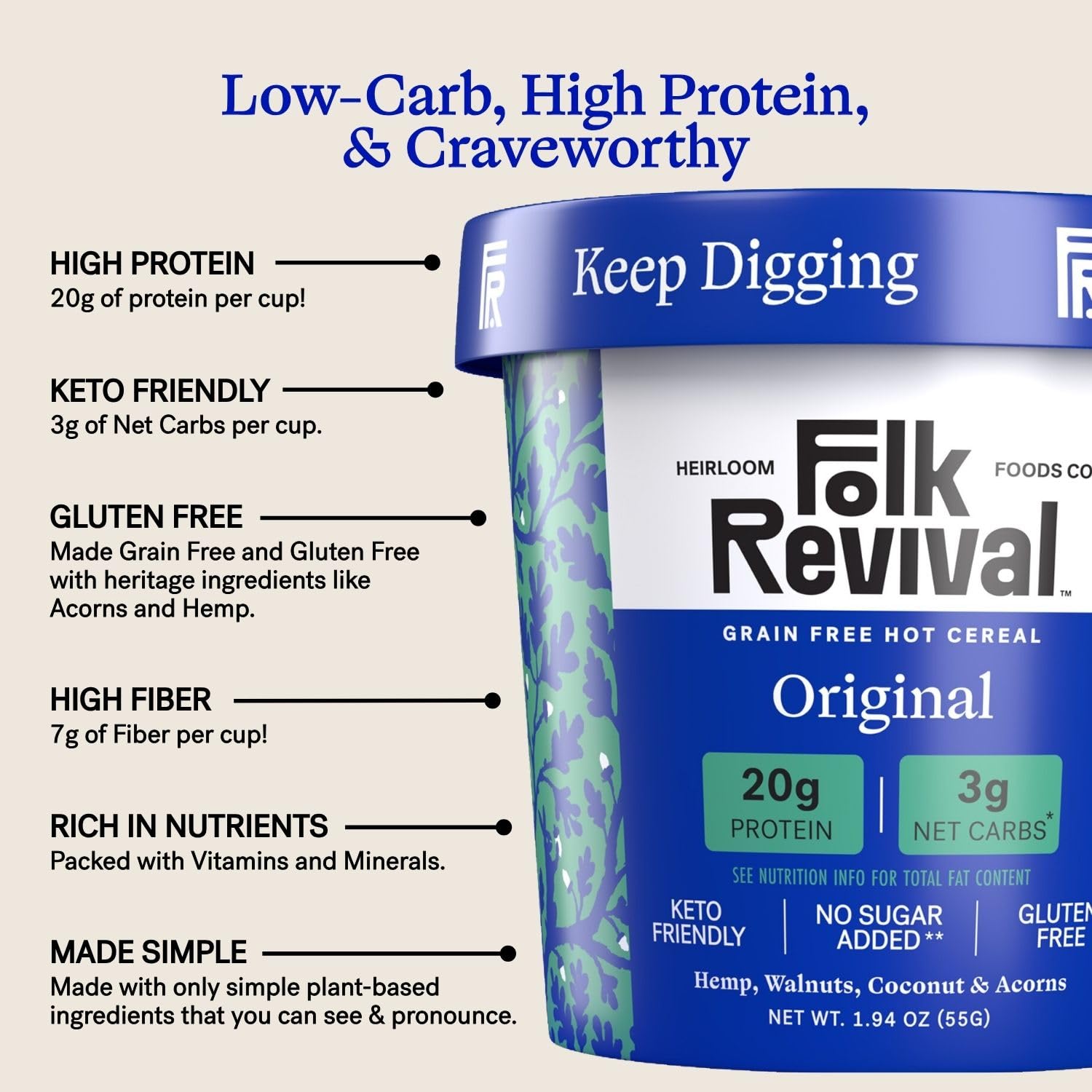 Folk Revival Original Keto Instant 'Oatmeal' - 20g Protein, 3g Net Carbs, High Fiber, Non GMO, Gluten Free, Made with Acorns - 6 Cups Per Case